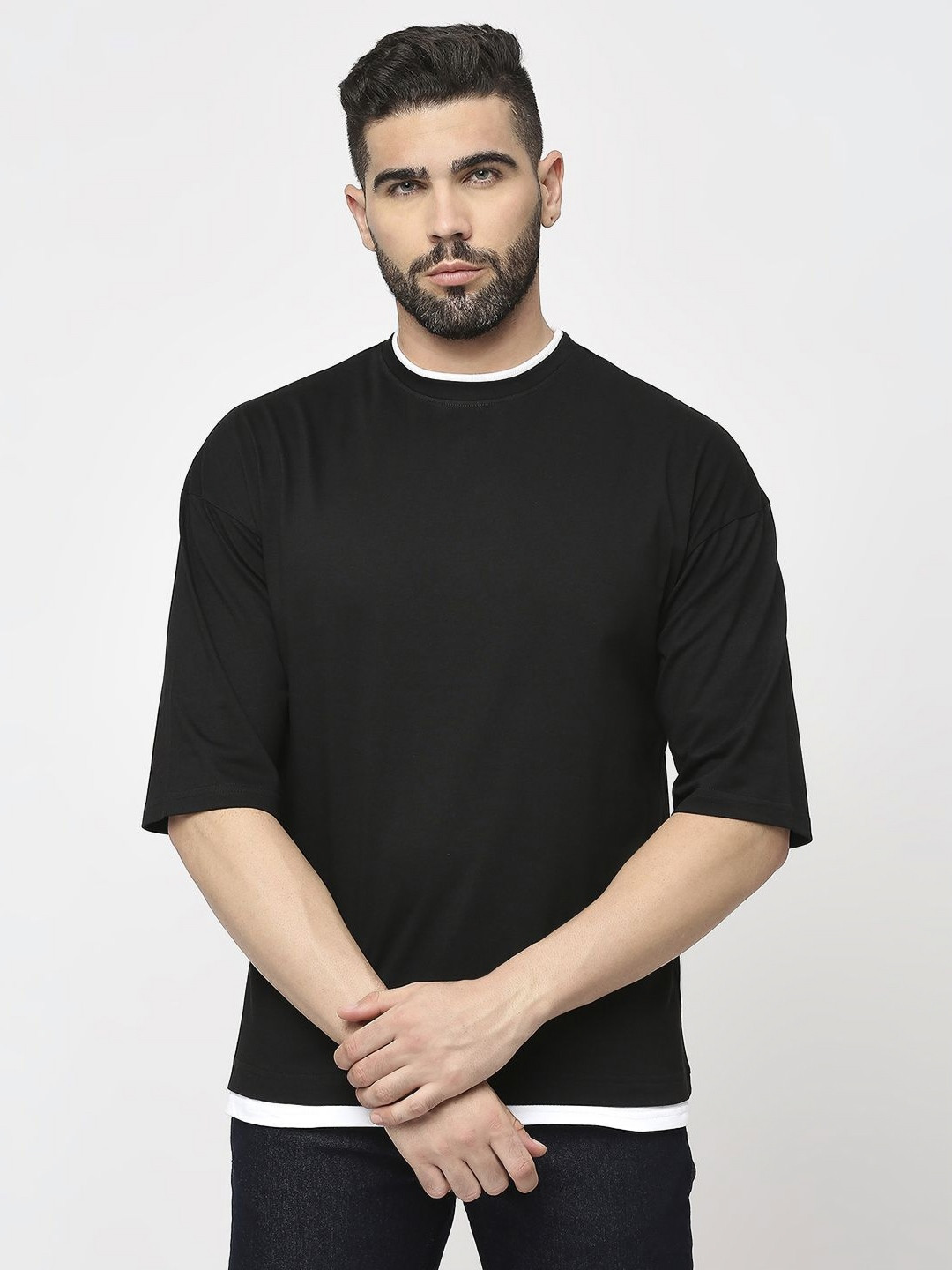 

AMMARZO Men Cotton Lycra 3/4 Sleeve Drop Shoulder T-Shirt, Black