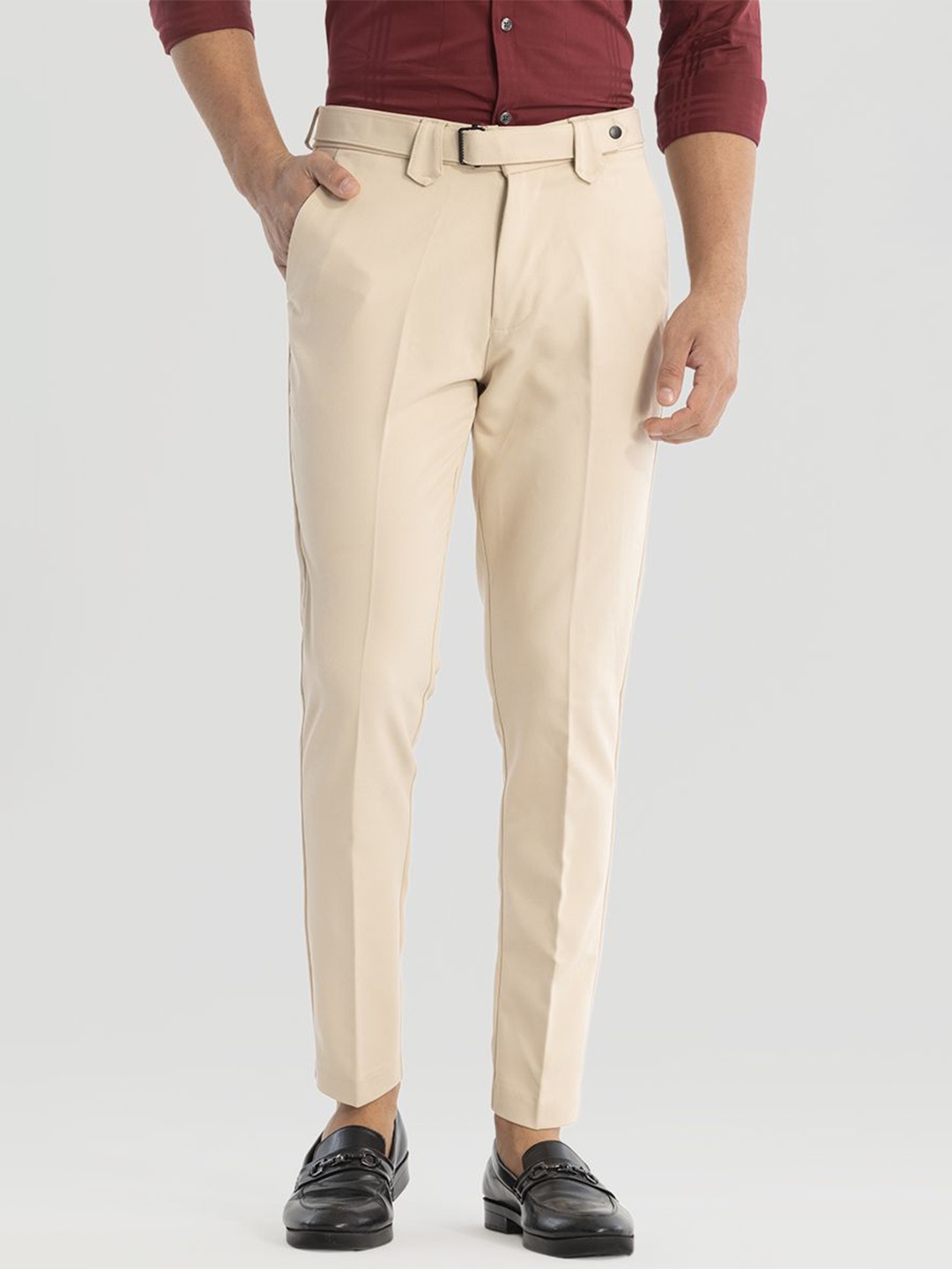 

Snitch Men Mid-Rise Smart Slim Fit Peg Trousers, Beige