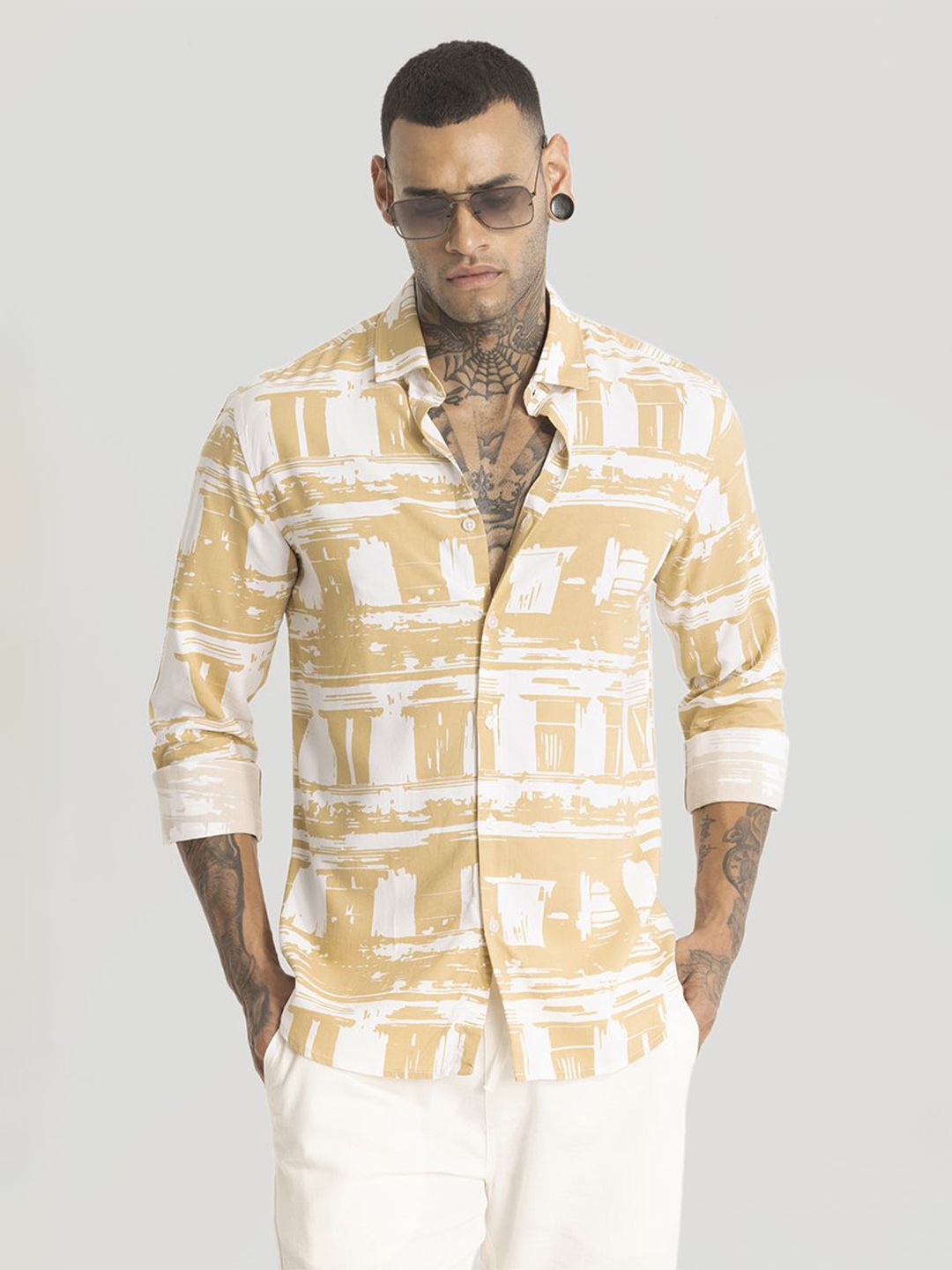 

Snitch Men Smart Spread Collar Abstract Printed Slim Fit Casual Shirt, Yellow