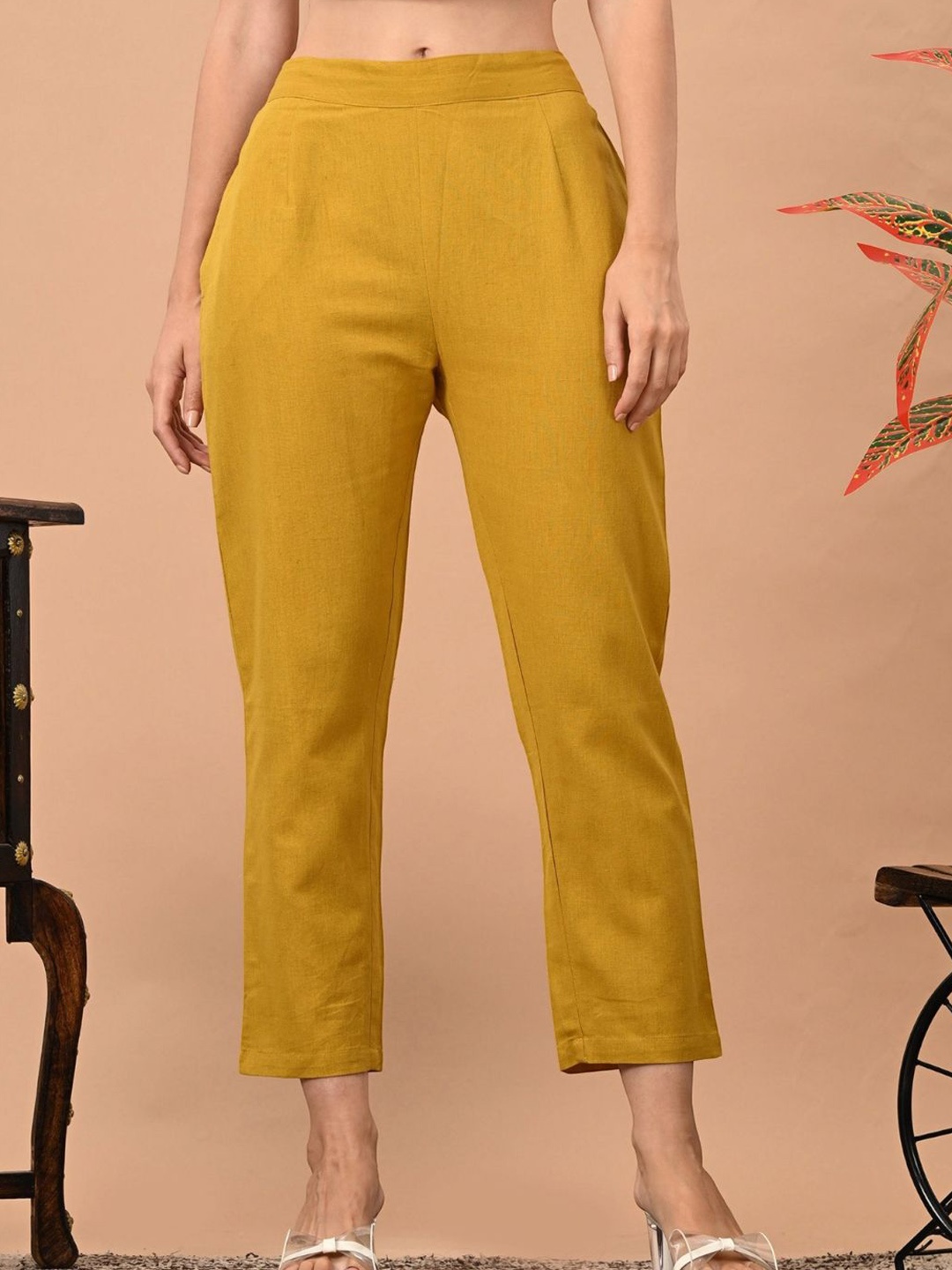 

KALINI Women Cotton Classic Pleated Regular Trousers, Mustard