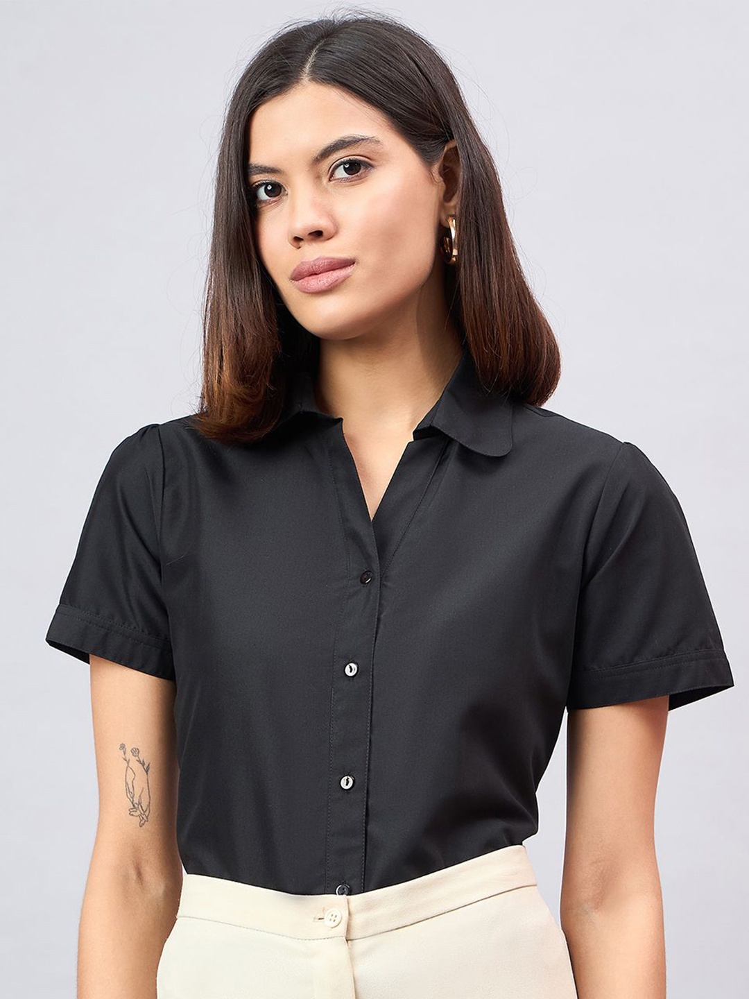 

Style Quotient Women Smart Spread Collar Solid Polycotton Formal Shirt, Black