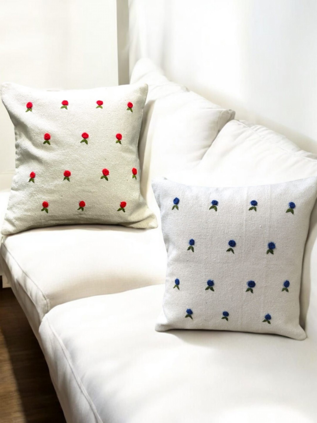 

INTERIORQUOTIENT Red & Blue 2 Pieces Floral Embroidered Cotton Square Cushion Covers