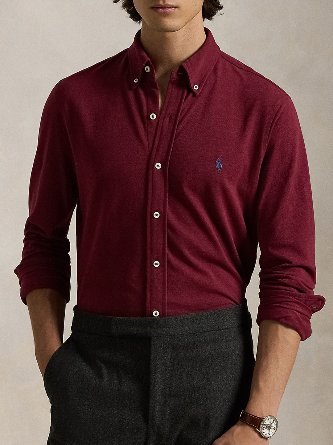 

Polo Ralph Lauren Men Button-Down Collar Textured Cotton Slim Fit Casual Shirt, Red