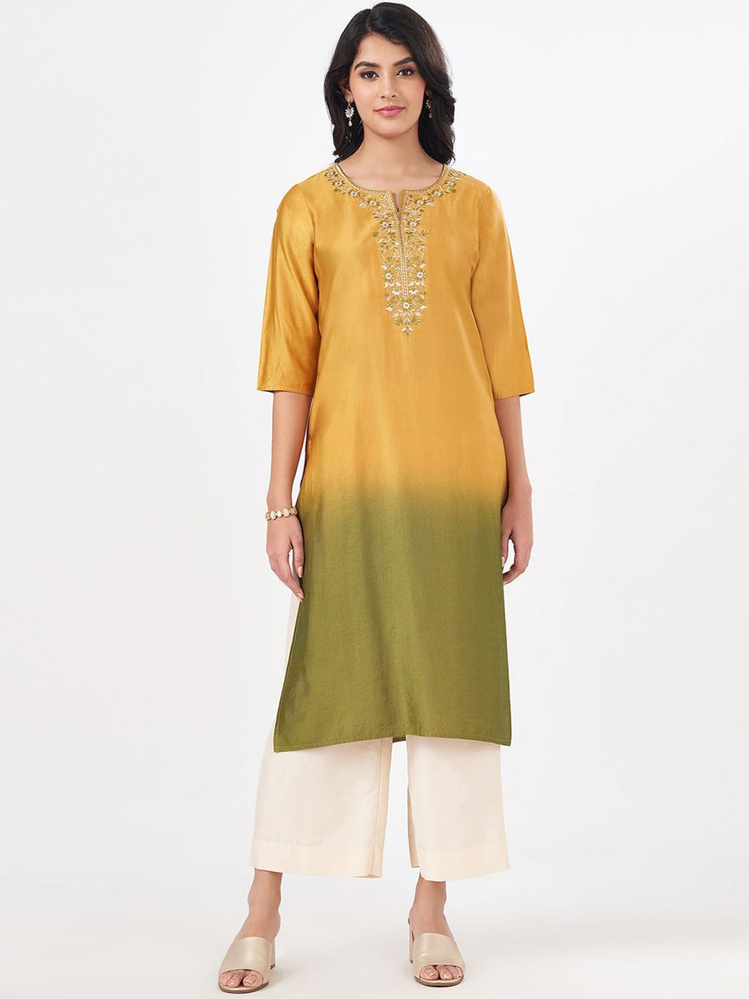 

RANGMANCH BY PANTALOONS Women Flared Sleeves Sequinned Kurta, Yellow