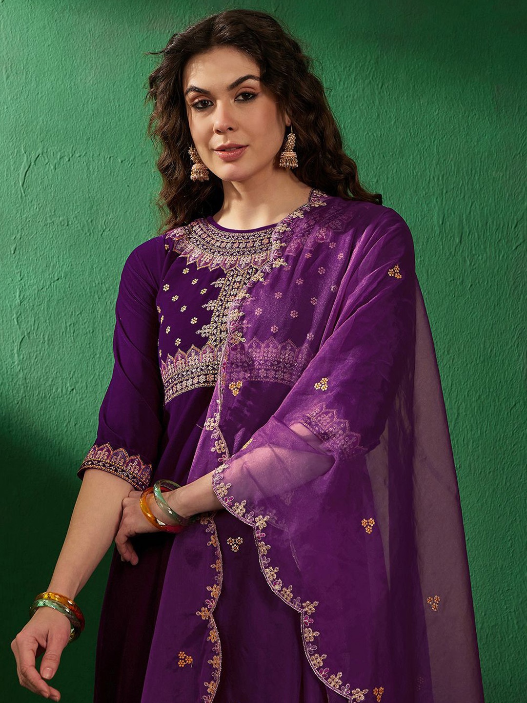

Sangria Women Embroidered Kurta & Trouser With Dupatta, Purple