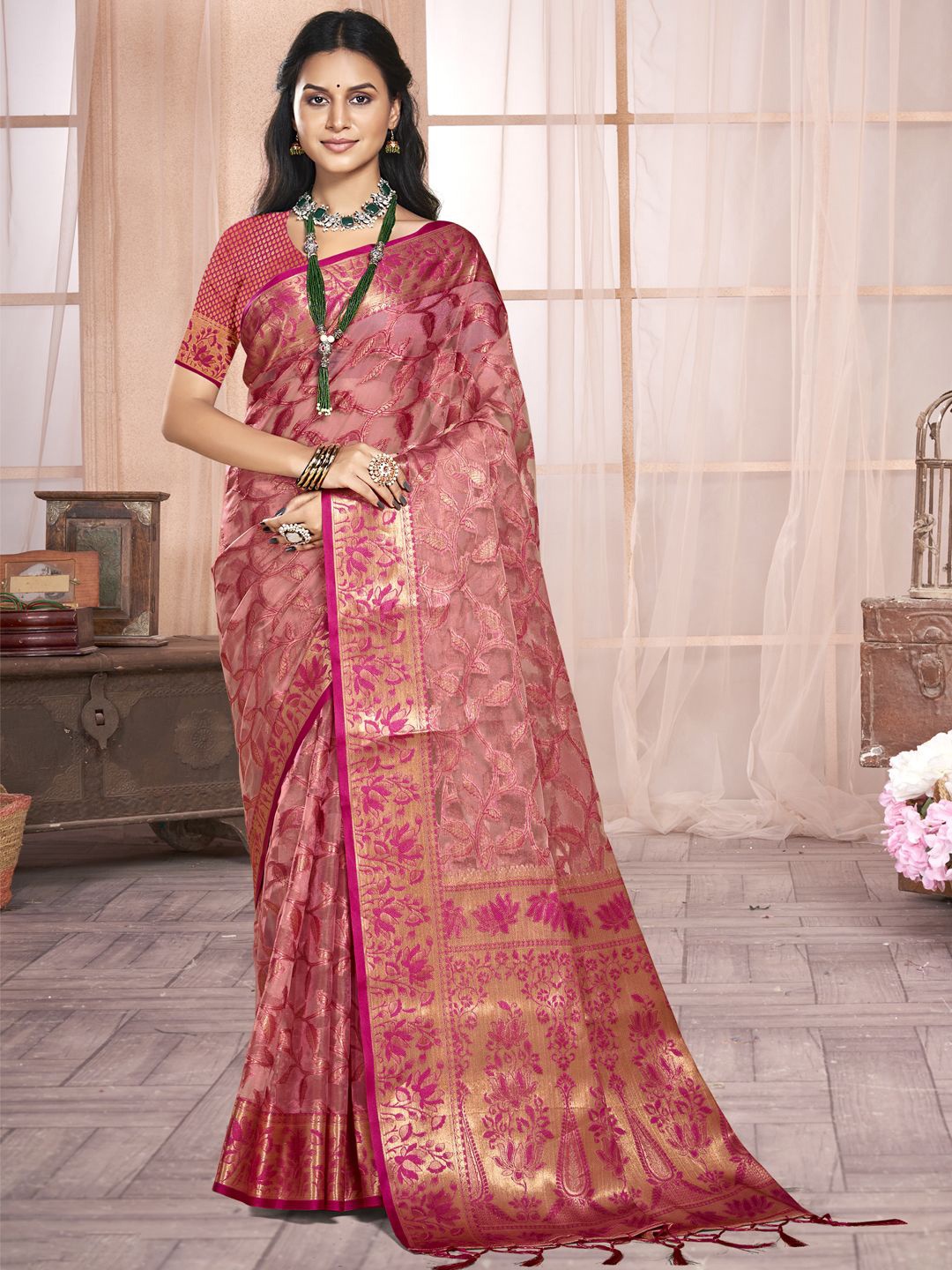 

SANGAM PRINTS Woven Design Zari Organza Tussar Saree, Pink