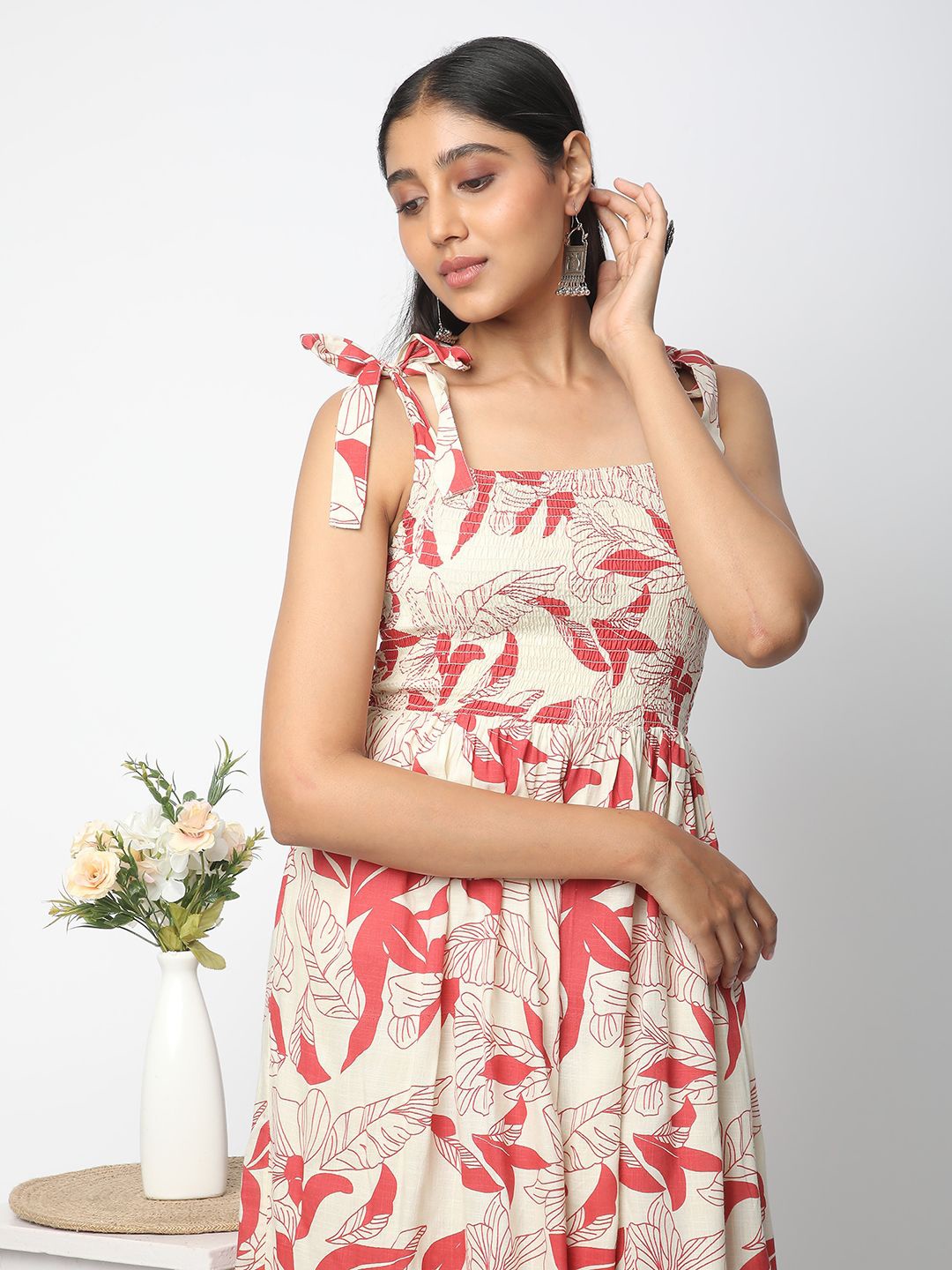 

R&B Women Floral Printed Square Neck Sleeveless A-Line Dress, Beige
