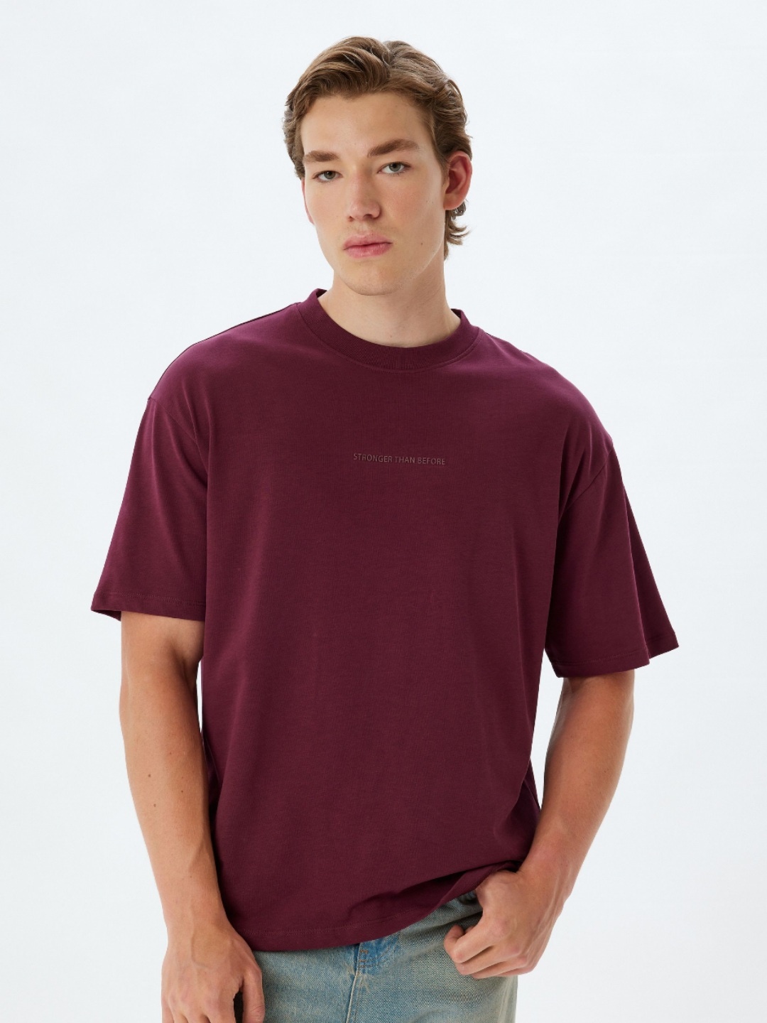 

Koton Men Typography Printed Round Neck Cotton Oversized T-shirt, Maroon