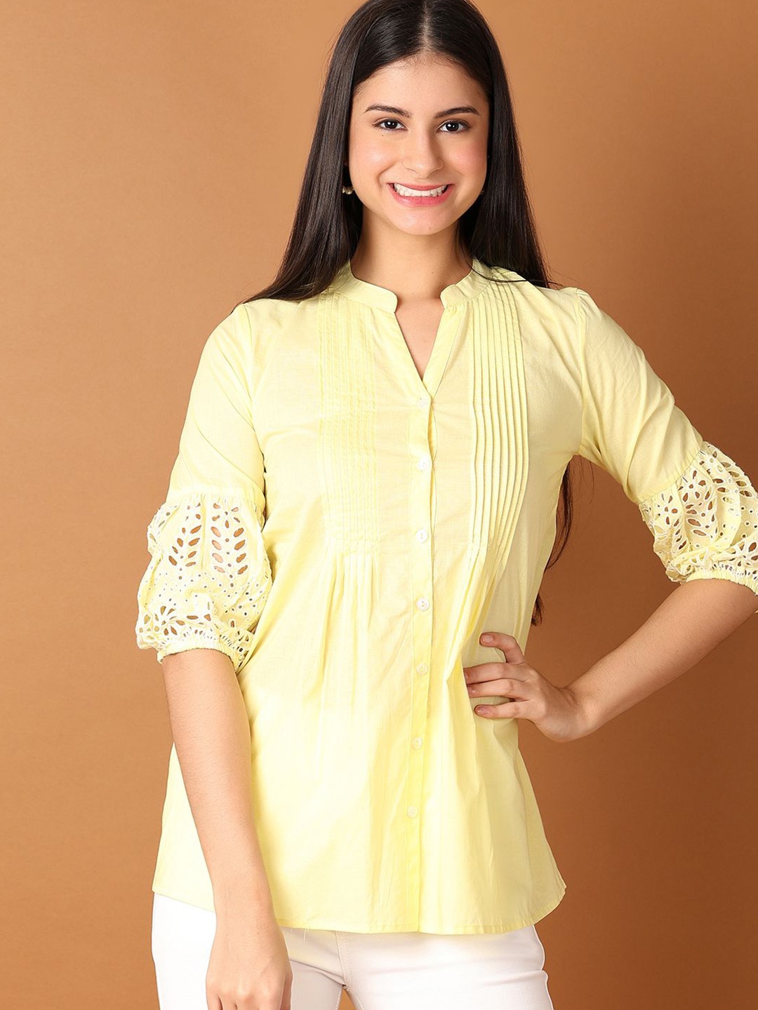 

UNLIMITED Cotton Mandarin Collar Three-Quarter Sleeves Tunic, Yellow