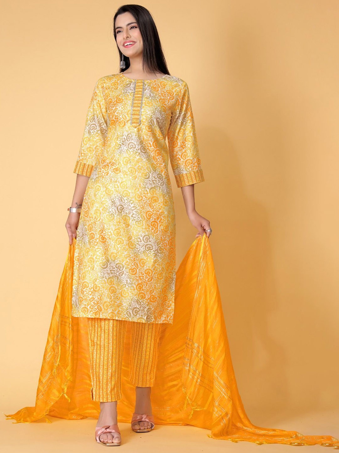 

Abhilasha Women Floral Printed Regular Pure Cotton Kurta with Trousers & With Dupatta, Yellow