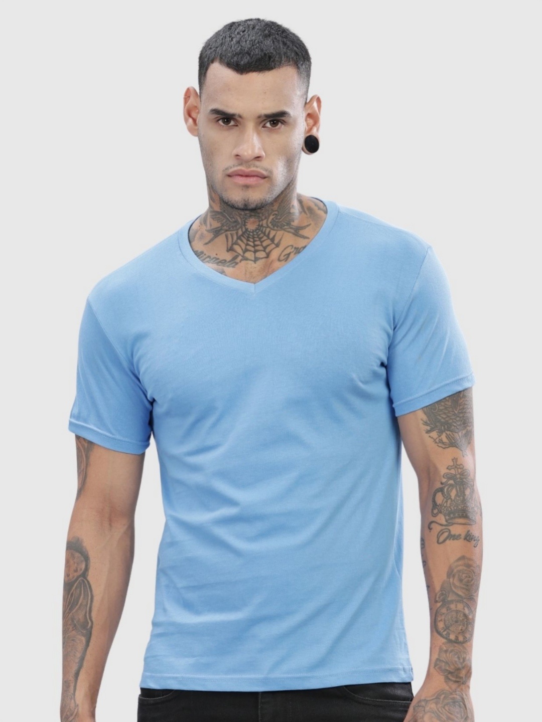 

ADRO Men Solid V-Neck Cotton T-shirt, Blue