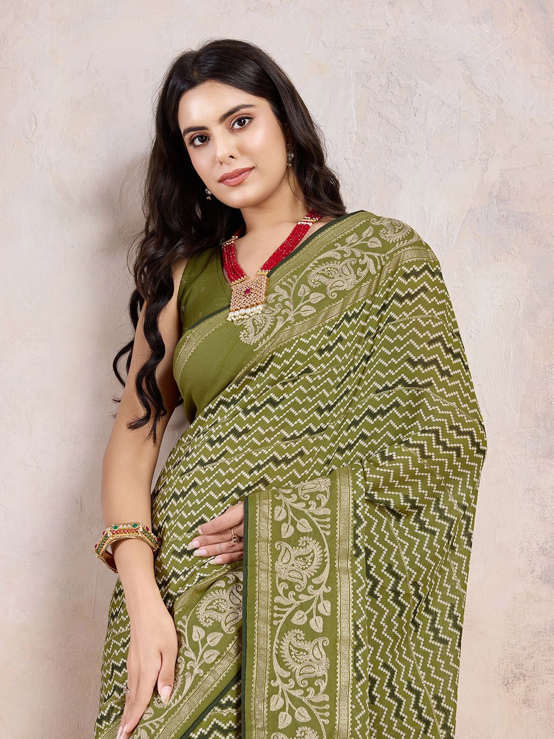 

Mitera Leheriya Poly Georgette Leheriya Saree, Green
