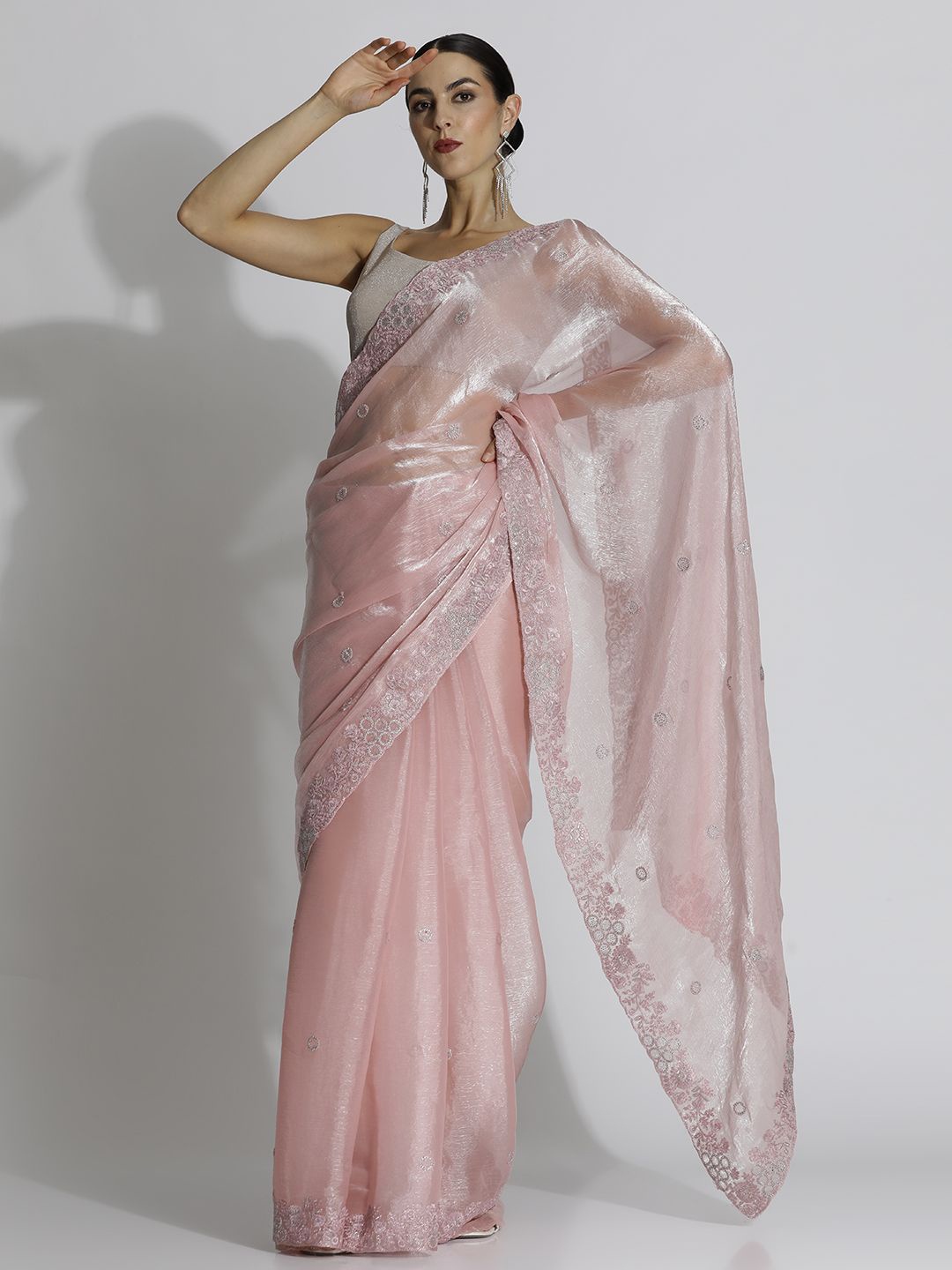 

Jaipur Kurti Embellished Embroidered Tissue Saree, Pink