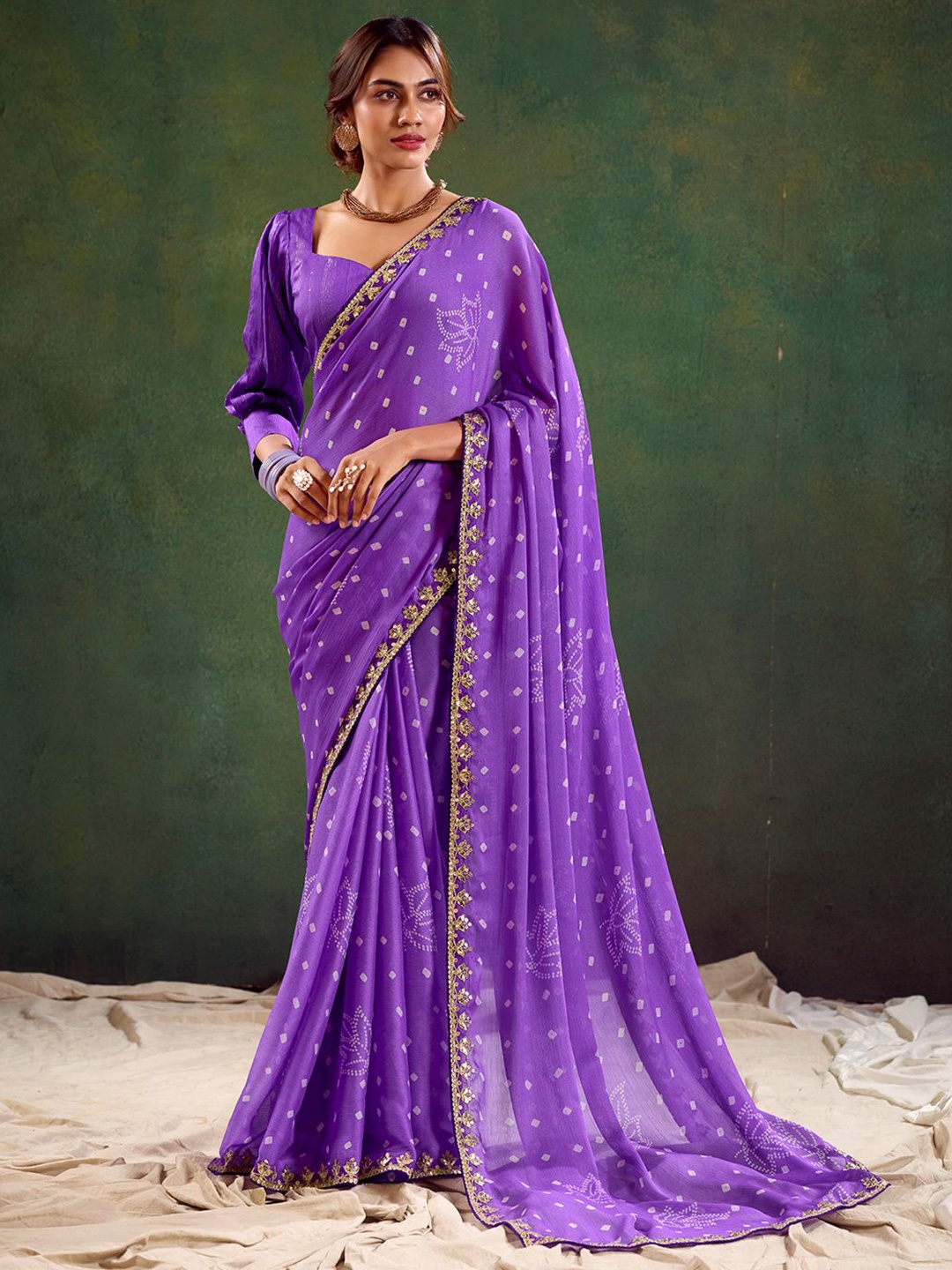 

Panzora Bandhani Printed Embroidered Saree, Purple