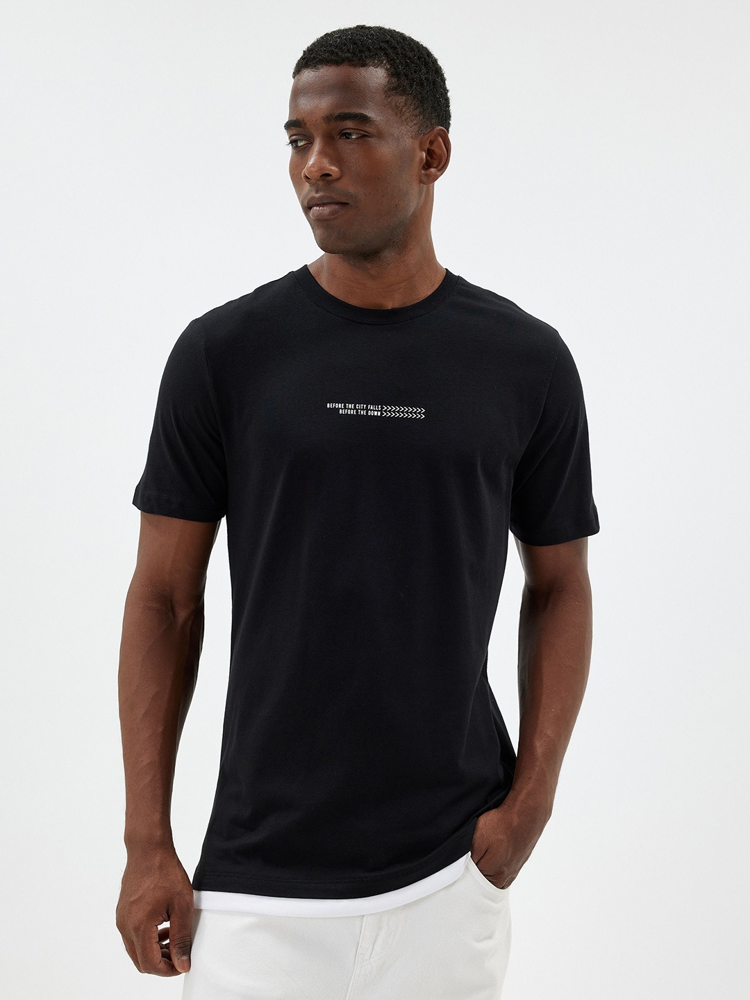 

Koton Men Typography Printed Round Neck Cotton Slim Fit T-shirt, Black