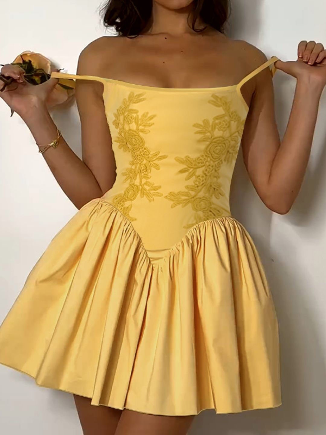 

StyleCast Women Solid Shoulder Straps Fit and Flare Mini Dress, Yellow