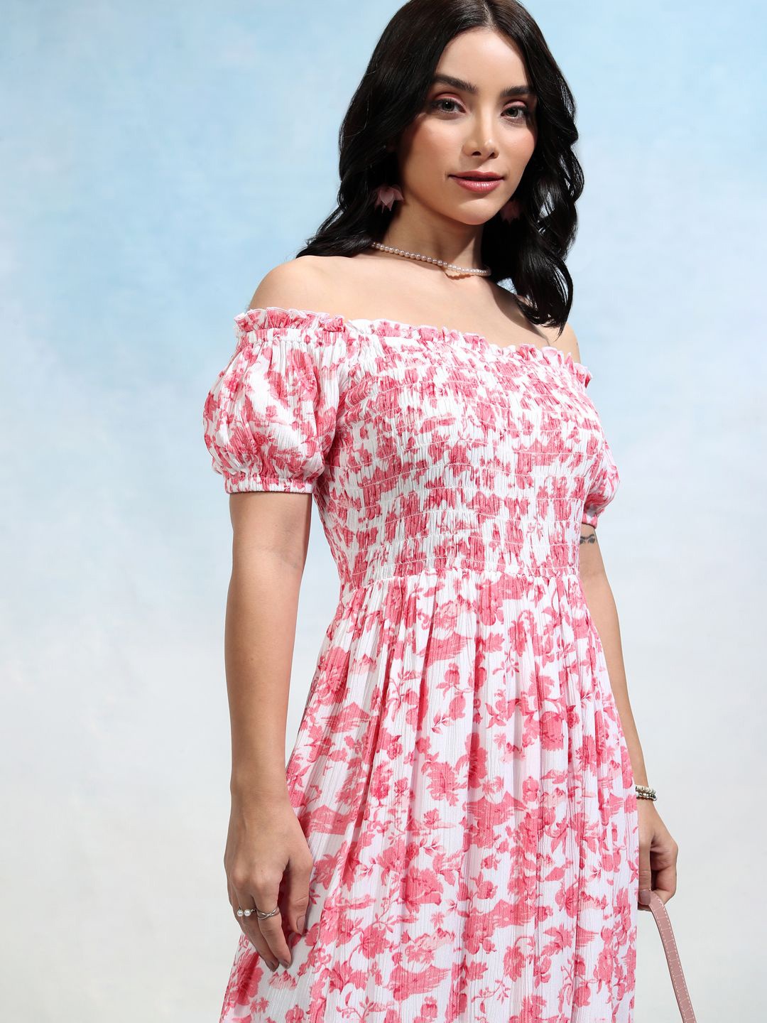 

Tokyo Talkies Floral Print Off-Shoulder Puff Sleeve Fit & Flare Dress, Pink