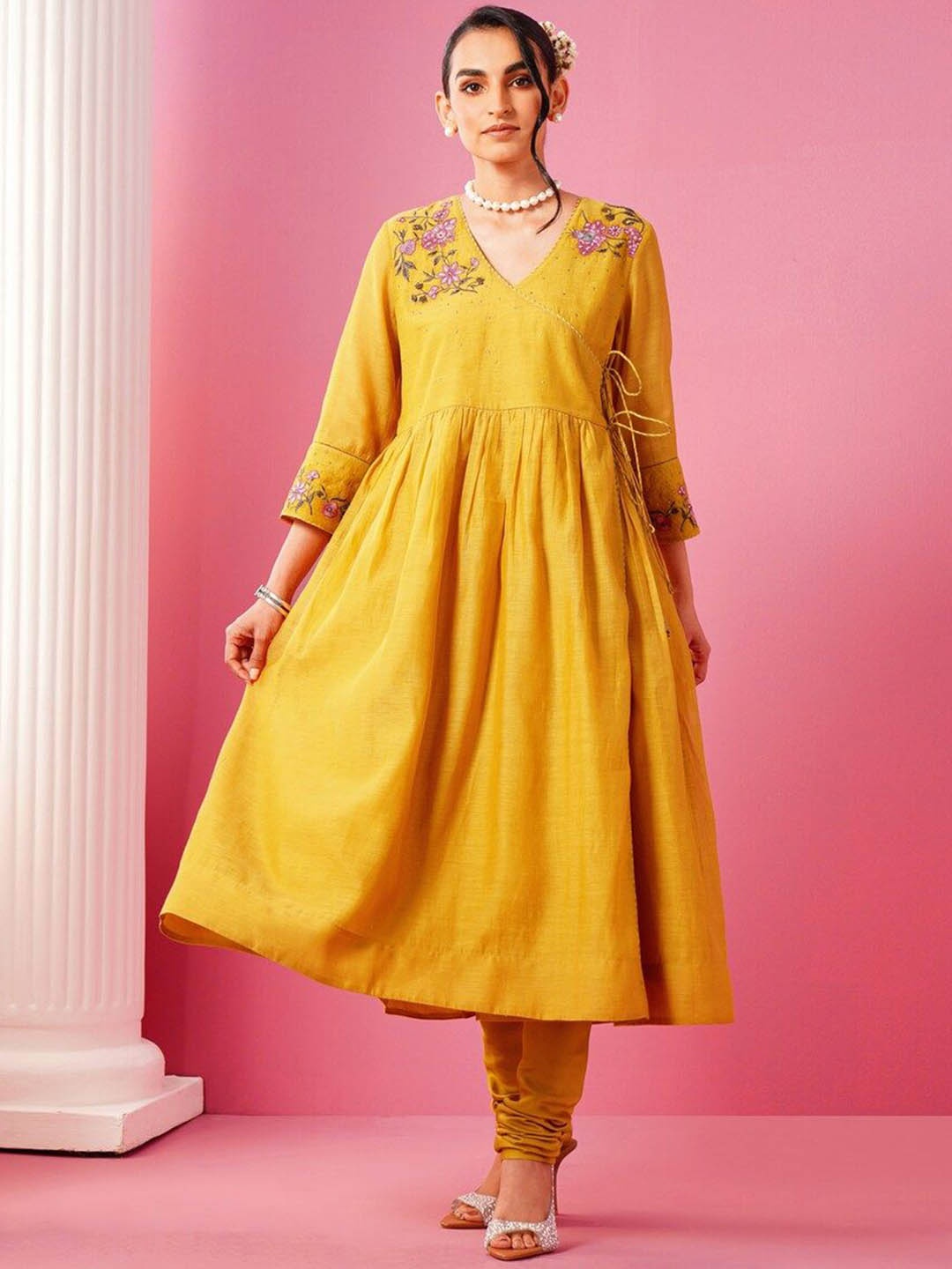 

JAYPORE Floral Embroidered Angrakha Anarkali Kurta with Churidar, Mustard