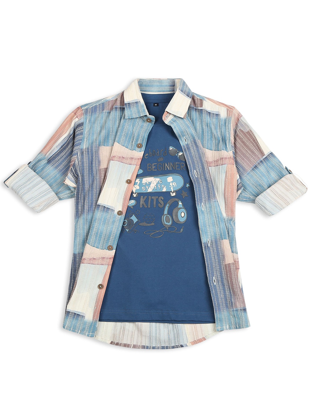 

CAVIO Boys Spread Collar Abstract Printed Cotton Casual Shirt & T-Shirt, Blue