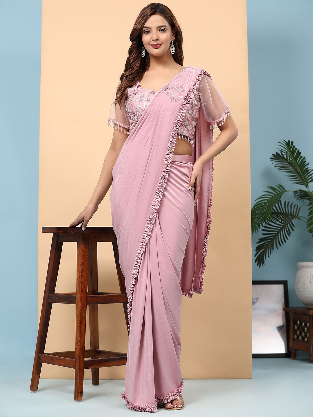 

AMOHA TRENDZ Solid Embellished Beads and Stones Ready to Wear Saree, Pink