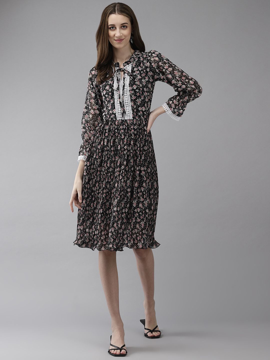 

BAESD Women Tie-Up Neck Floral Print Shirt Dress, Black