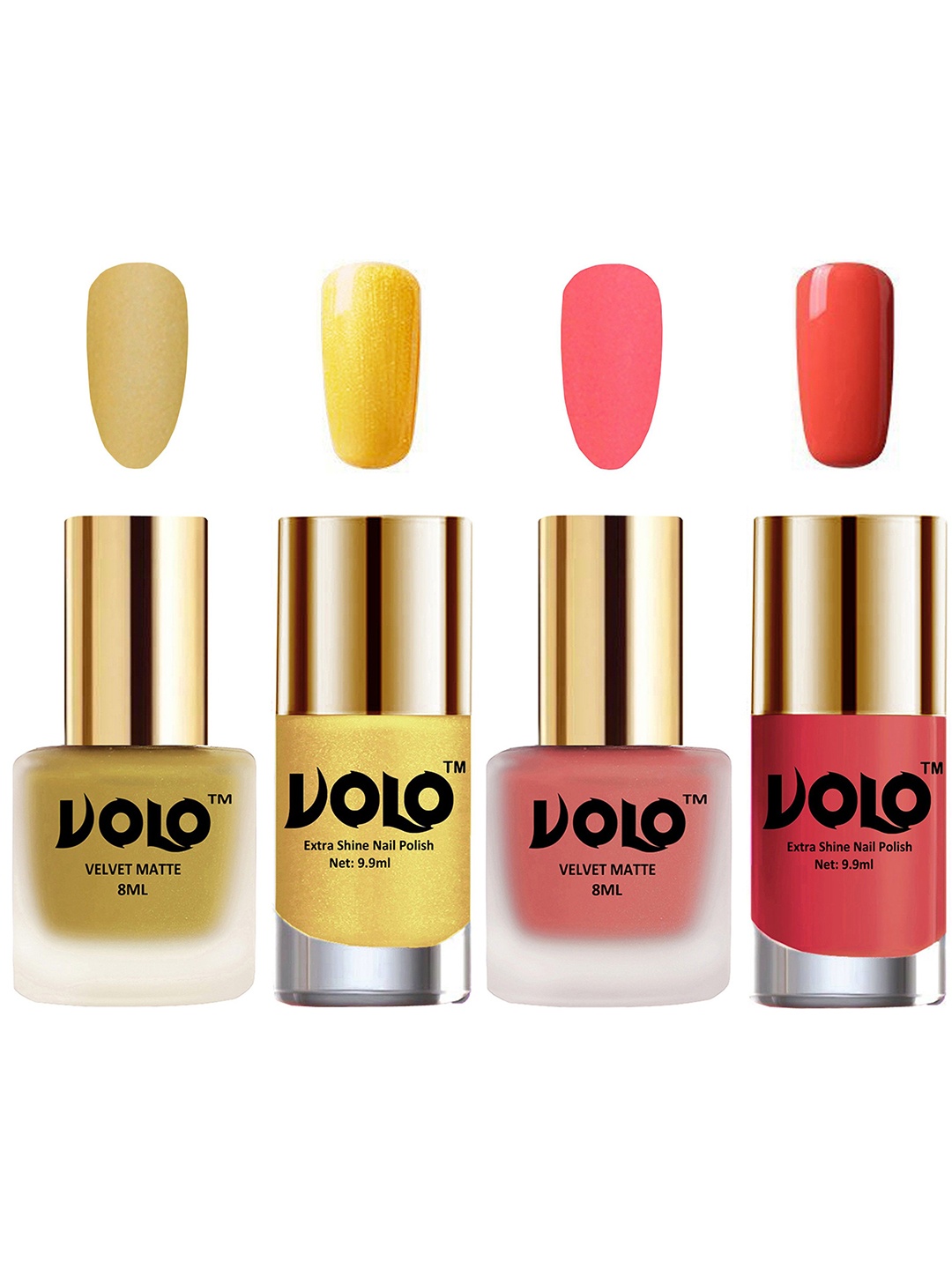 

VOLO Set Of 4 Velvet Matte & Extra Shine Nail Polish-8 ml & 9.9 ml Each Shade 32-41-59-49, Gold