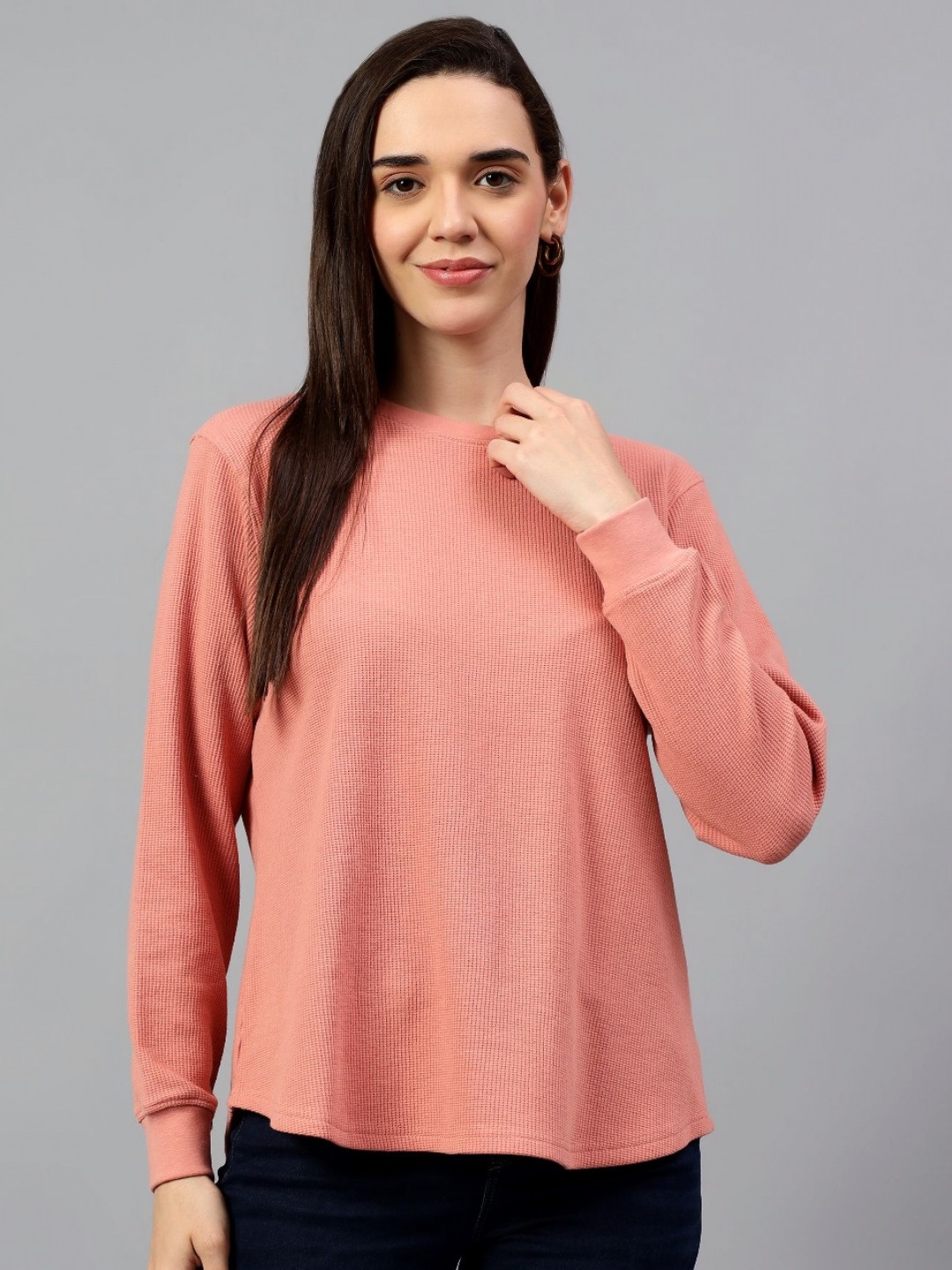 

Cantabil Women Solid Round Neck T-shirt, Peach