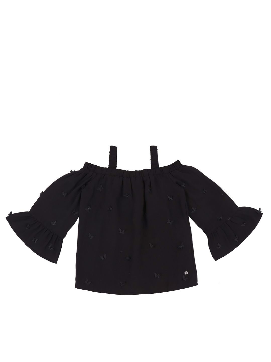 

Gini and Jony Girls Off-Shoulder Bell Sleeve Applique Cotton Top, Black