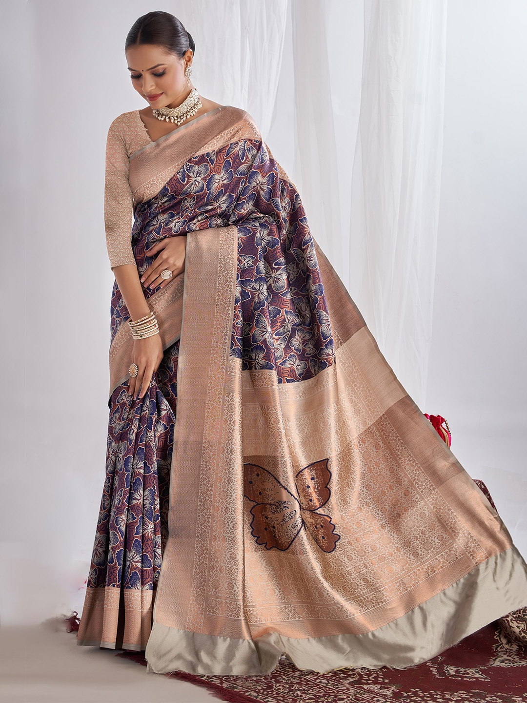 

HANDSEL Woven Design Zari Pure Silk Banarasi Saree, Blue