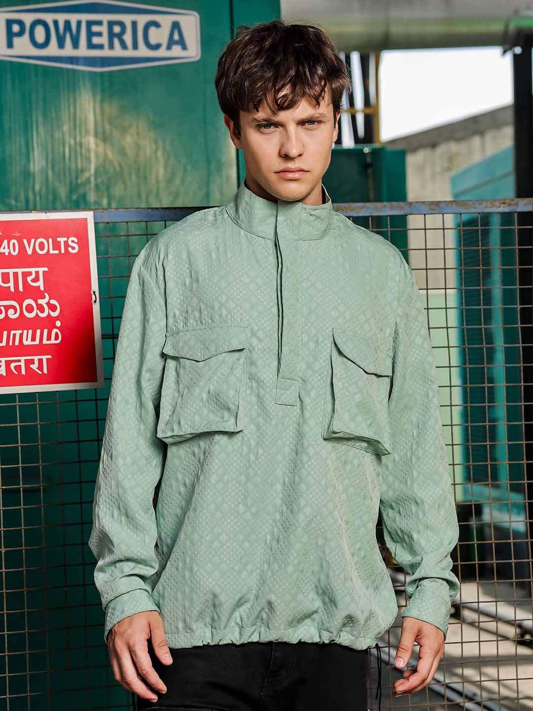 

House of Koala Textured Oversized Fit Shacket Shirt, Green