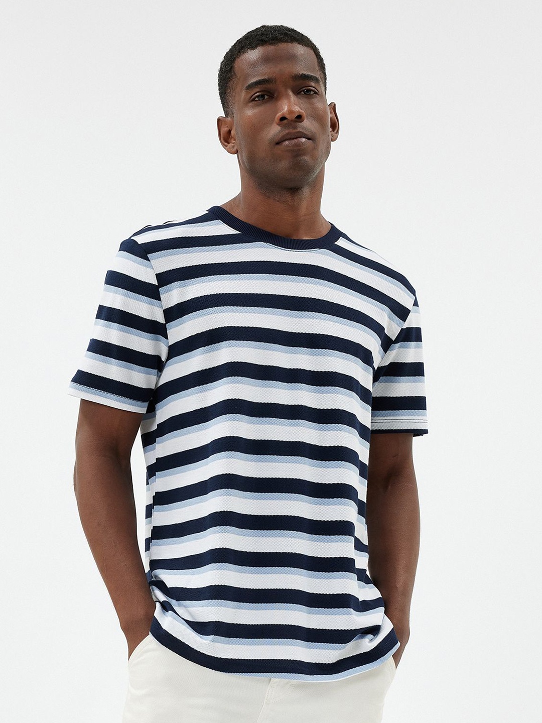 

Koton Men Striped Round Neck Cotton T-shirt, White