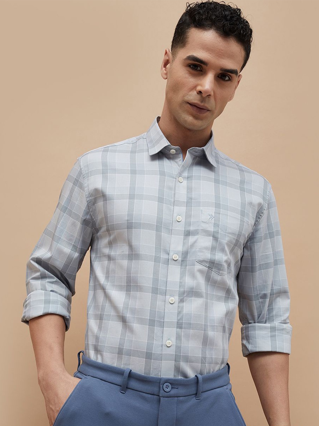

CODE by Lifestyle Men Cutaway Collar Tartan Checked Cotton Casual Shirt, Blue
