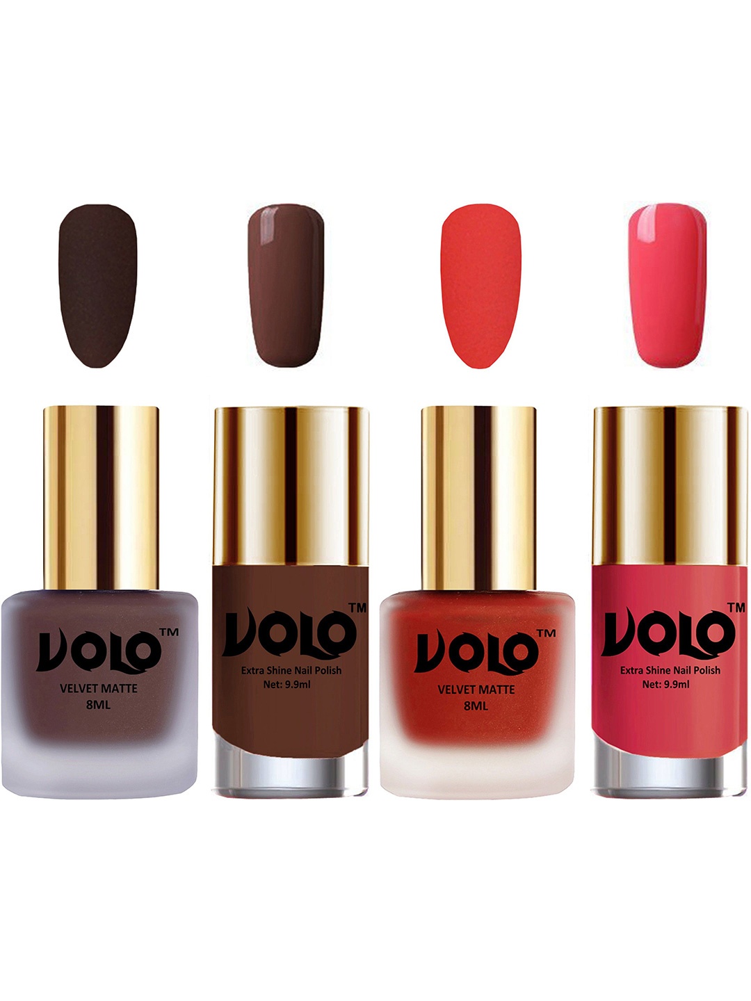 

VOLO Set Of 4 Velvet Matte & Extra Shine Nail Polish-8 ml & 9.9 ml Each Shade 02-44-19-56, Multi