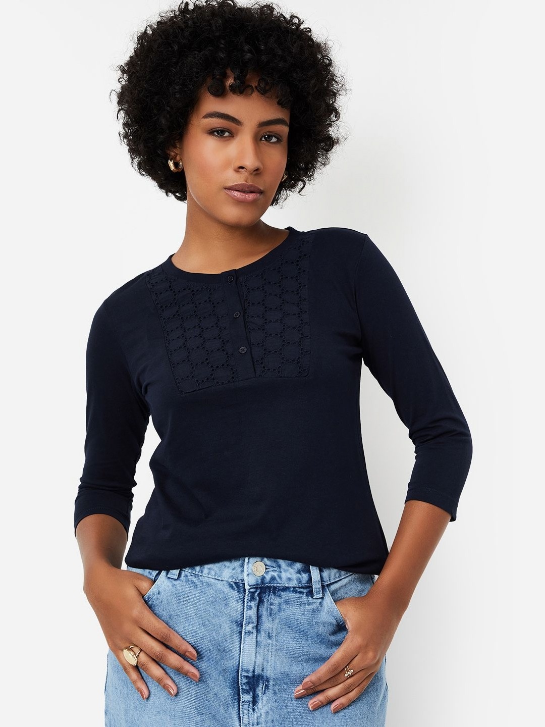 

max Women Self Design Round Neck Cotton T-shirt, Navy blue
