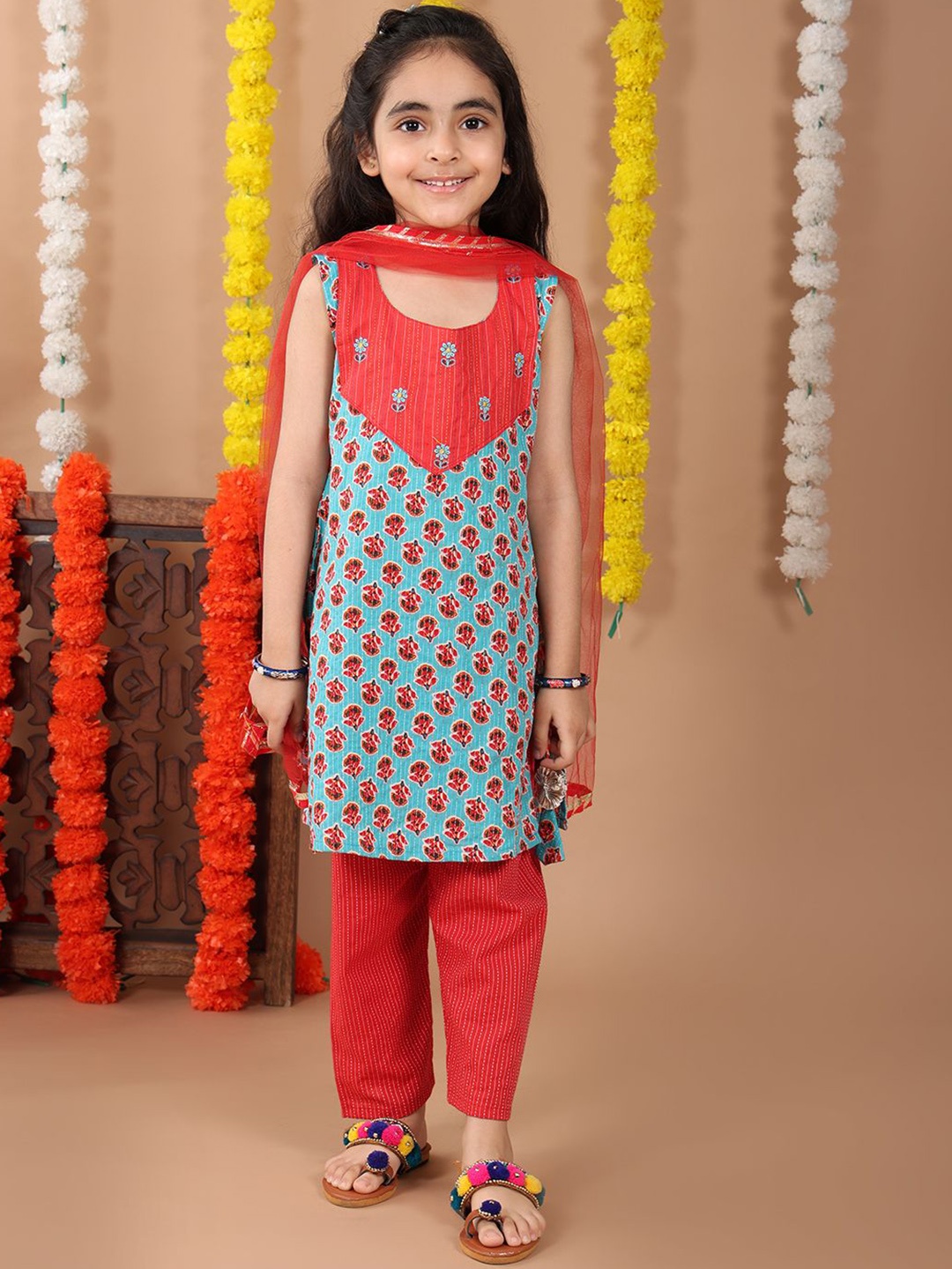 

Here&Now X Kinder Kids Girls Pure Cotton Kurta Set With Dupatta, Blue
