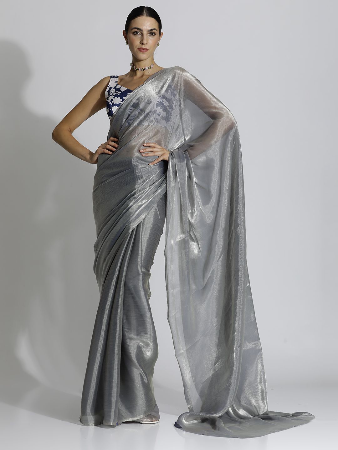 

Jaipur Kurti Solid Tissue Designer Saree, Grey