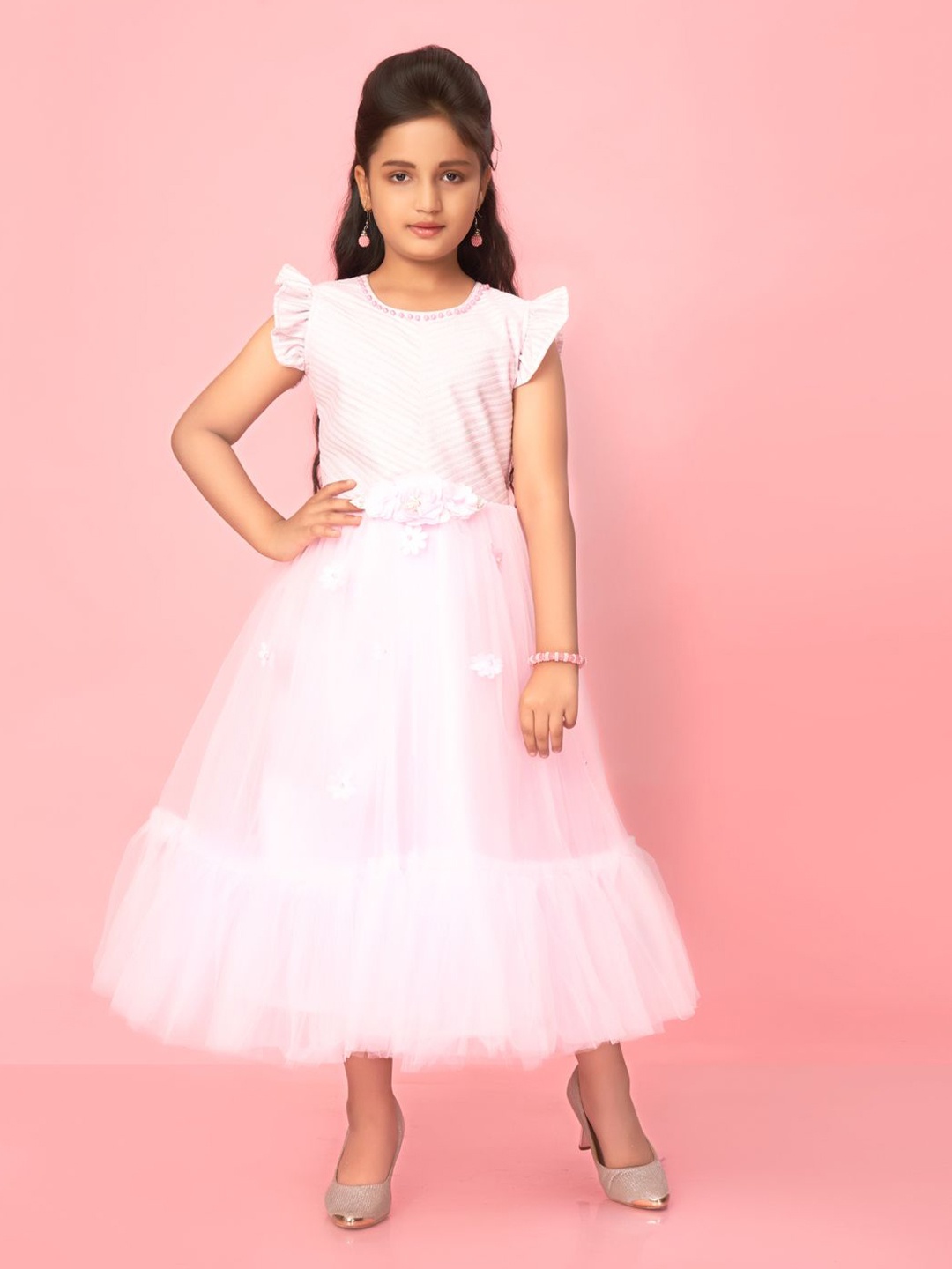 

BAESD Girls Flutter Sleeve Net Maxi Dress, Pink