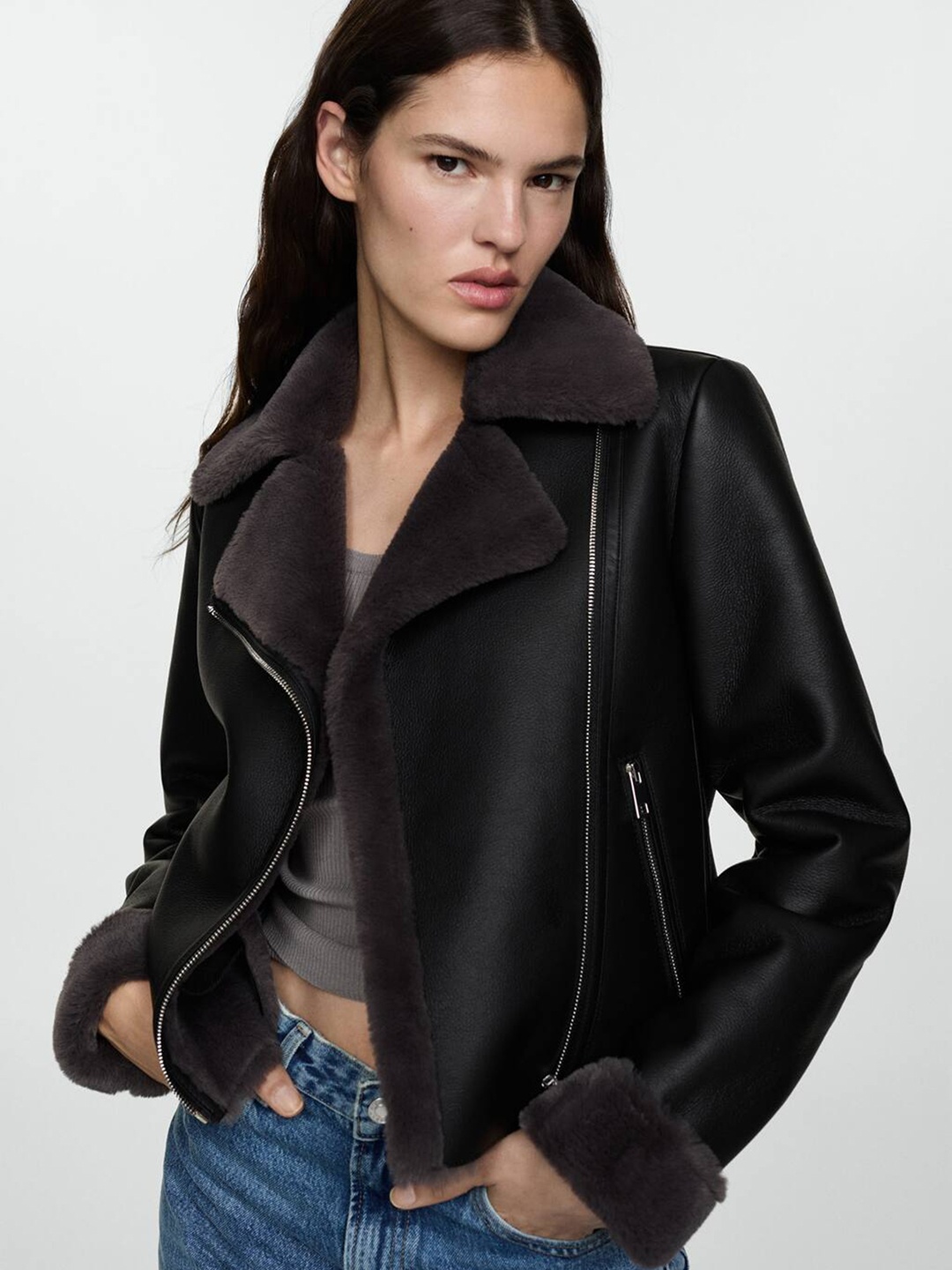 

MANGO Faux Leather Jacket with Faux Fur Detail, Black