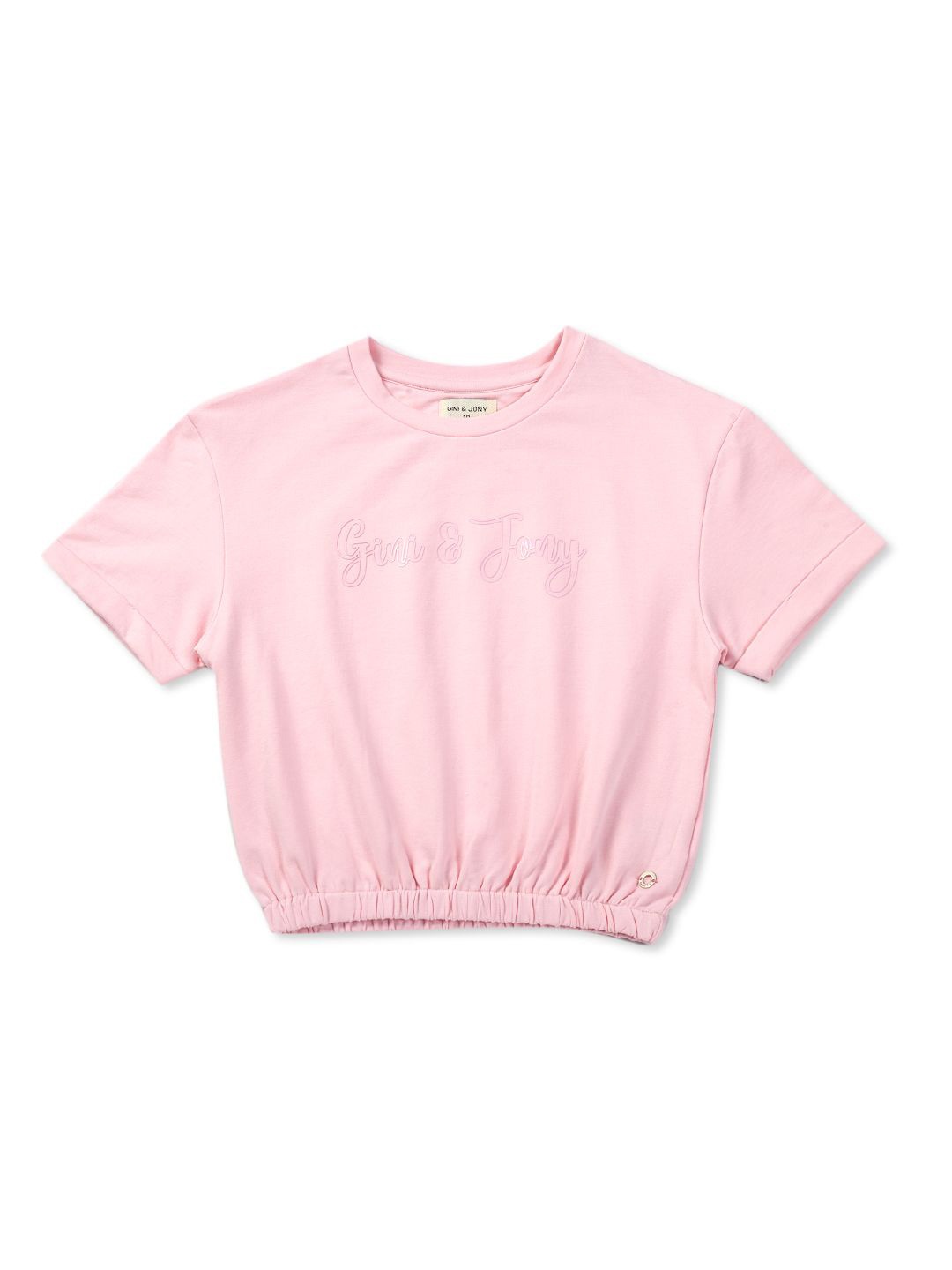 

Gini and Jony Girls Brand Logo Printed Round Neck Cotton Top, Pink