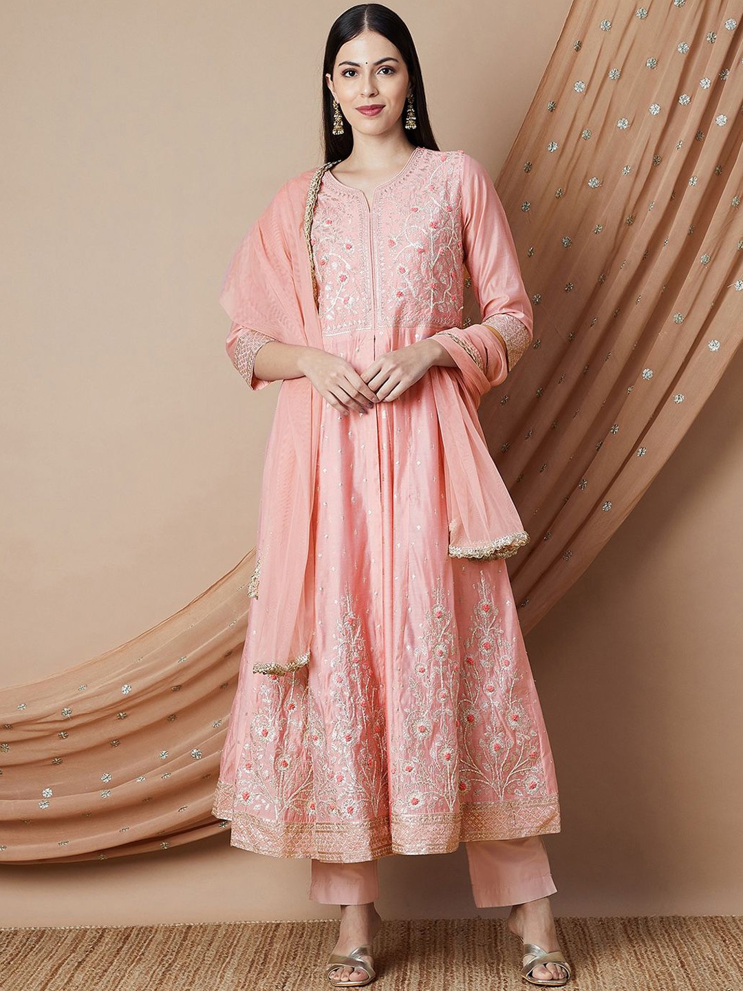 

Melange by Lifestyle Women Embroidered Chanderi Silk Kurta with Pyjamas & With Dupatta, Pink