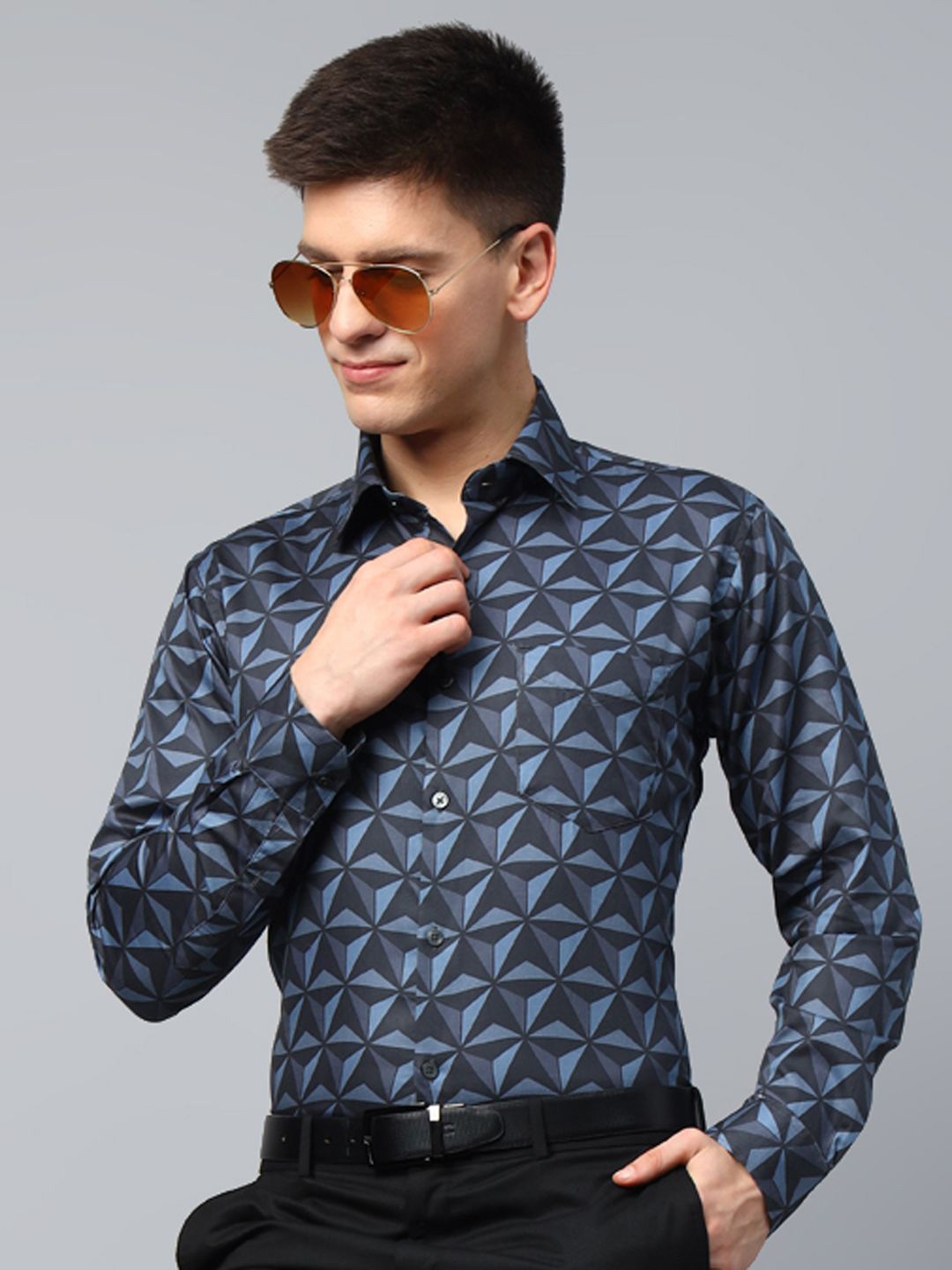 

Hancock Men Premium Slim Fit Opaque Geometric Printed Egyptian Cotton Satin Party Shirt, Blue