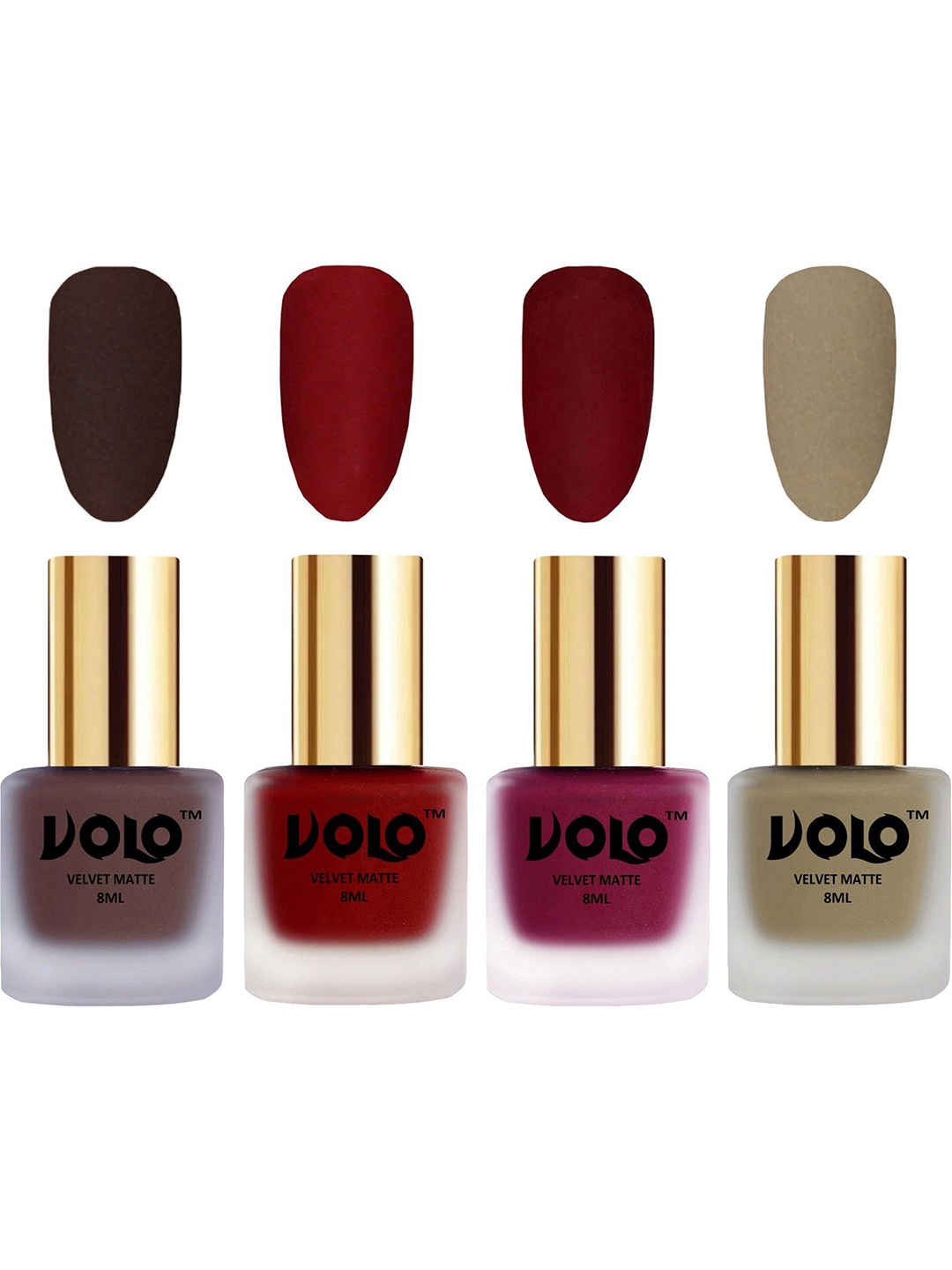 

VOLO Set Of 4 Velvet Matte Nail Polish-8ml-Tomato Red-Sand Nude-Chocolate Brown-Carrot Red