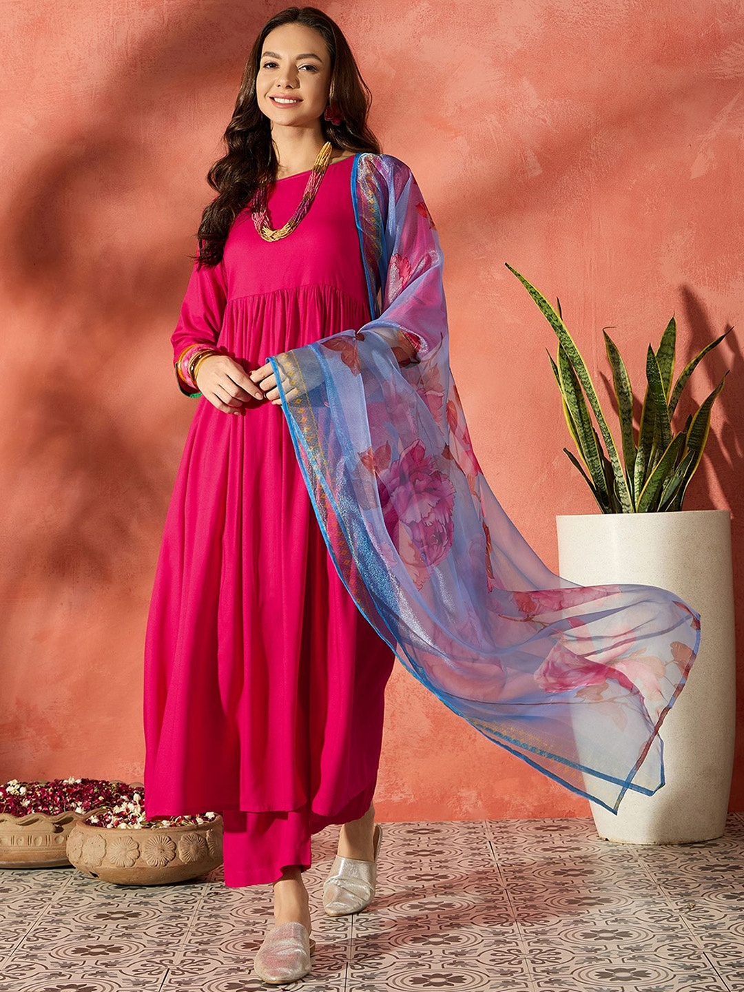 

InWeave Women A-Line Kurta With Palazzos With Dupatta, Fuchsia
