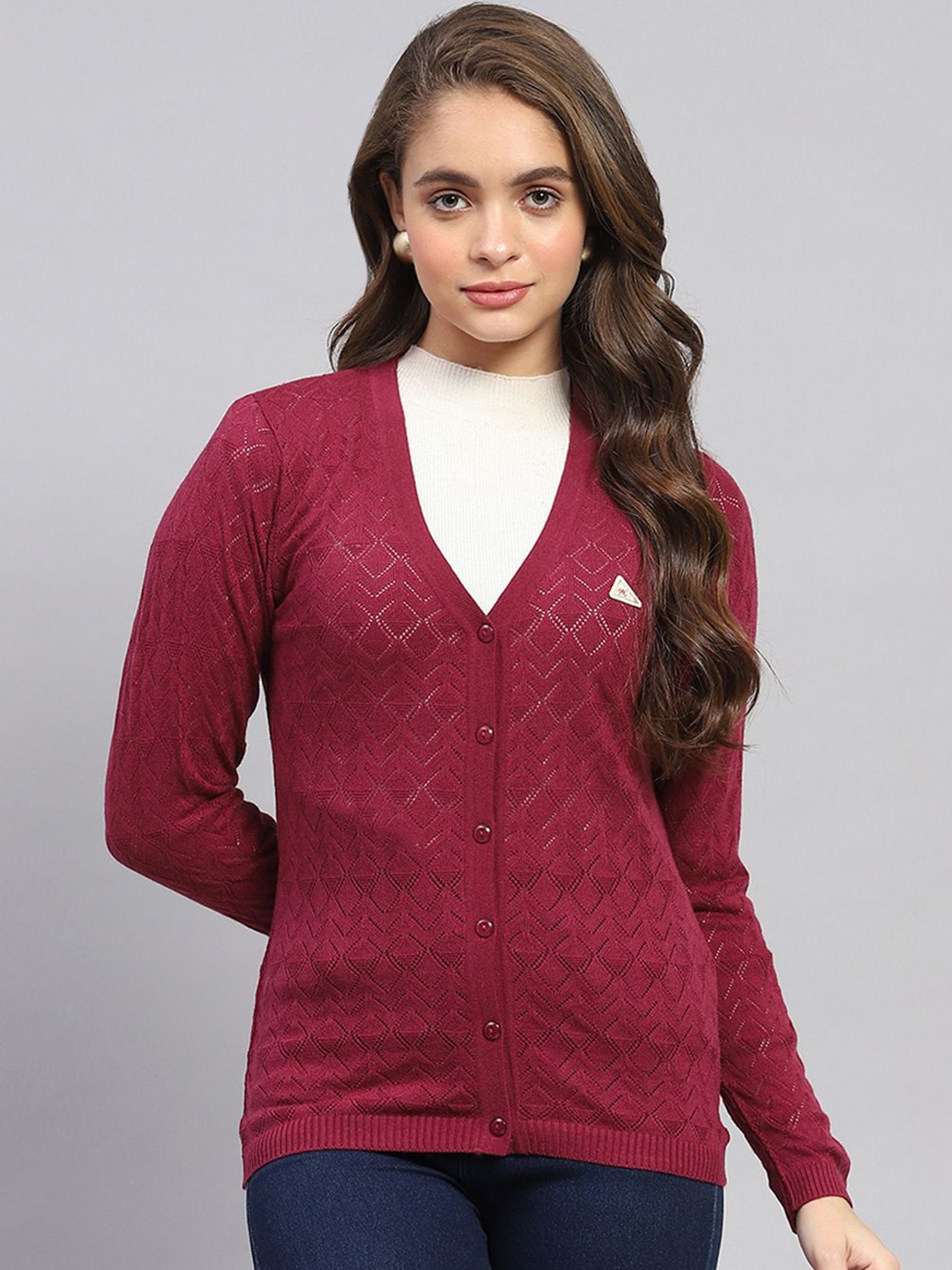 

Monte Carlo Women Open Knit Woollen Cardigan, Maroon