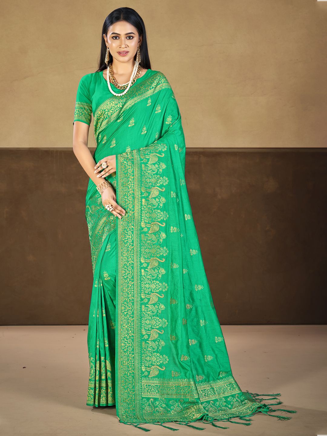 

SANGAM PRINTS Woven Design Zari Tussar Saree, Teal