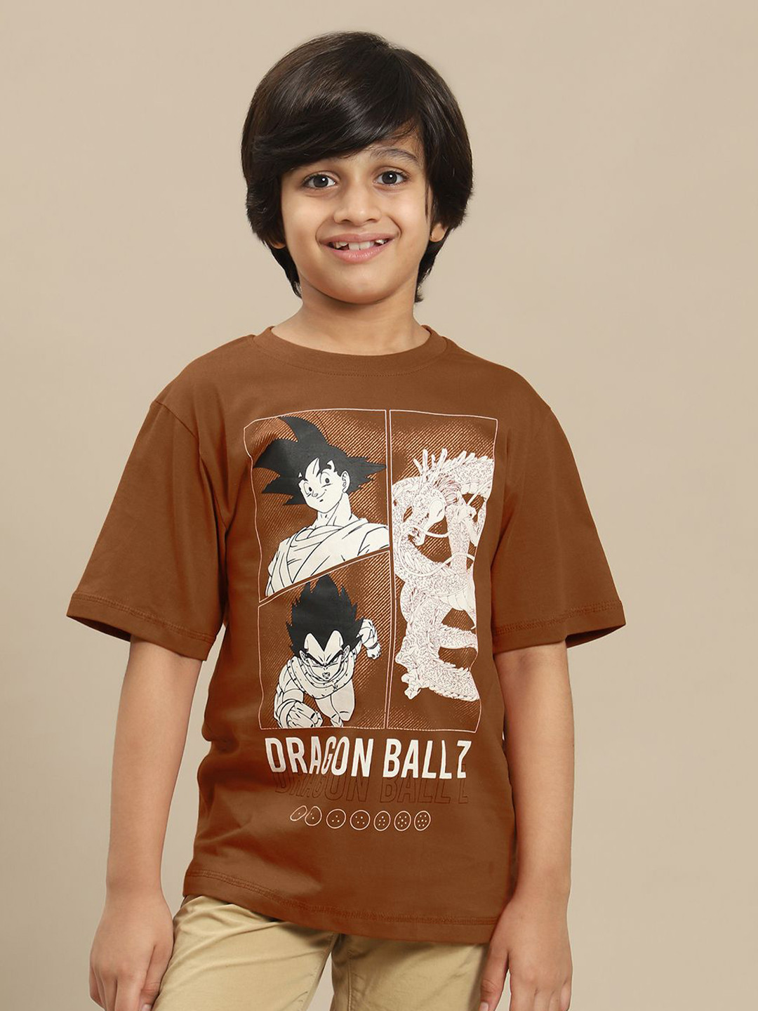 

Kids Ville Boys Dragon Ball Z Graphic Printed Pure Cotton Oversized Tshirt, Brown