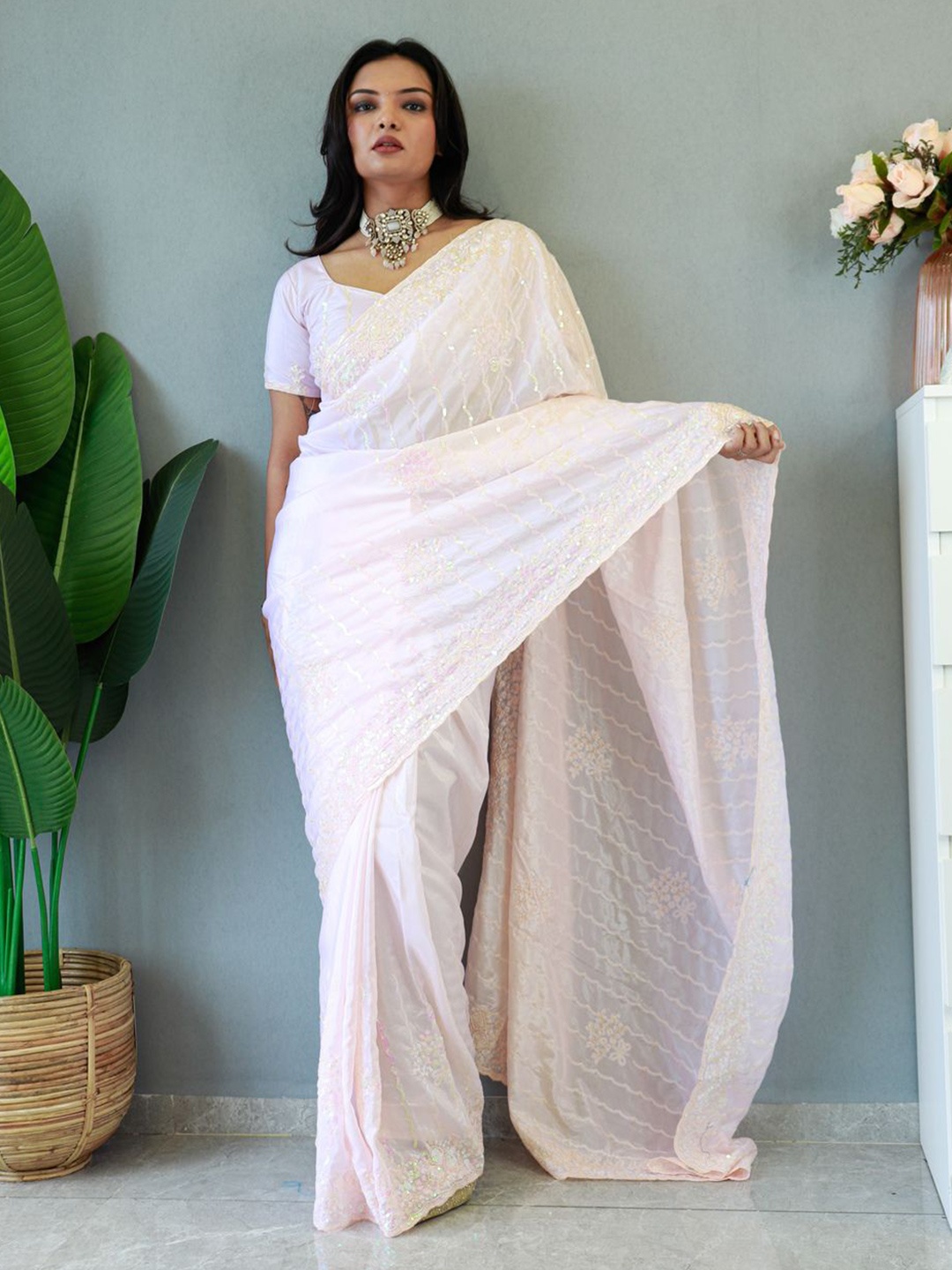 

HERE&NOW Embellished Sequinned Pure Silk Celebrity Saree, Cream