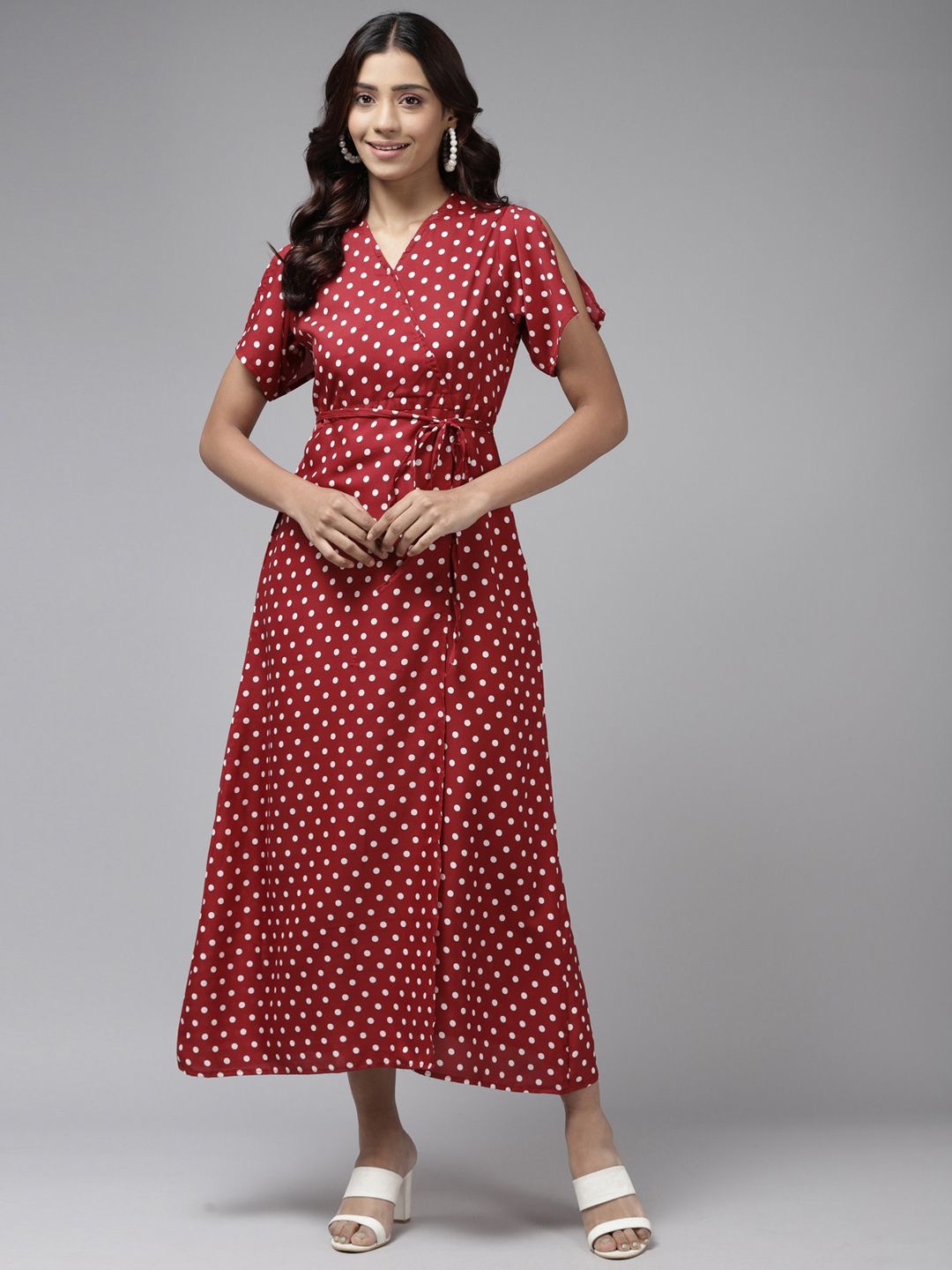 

BAESD Polka Dot Print Georgette Wrap Dress, Maroon