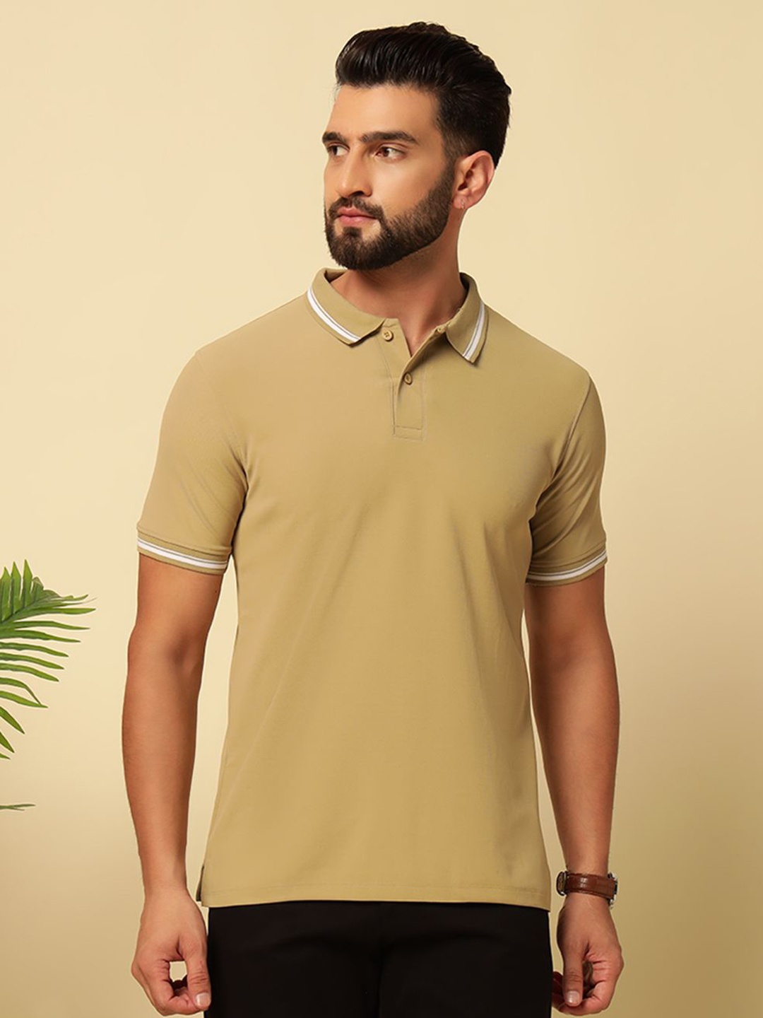 

MUWIN Men Solid Polo Collar Cotton T-shirt, Khaki