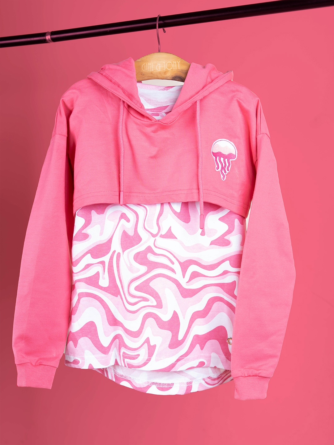 

Gini and Jony Girls Abstract Printed Hooded Cotton Top, Pink